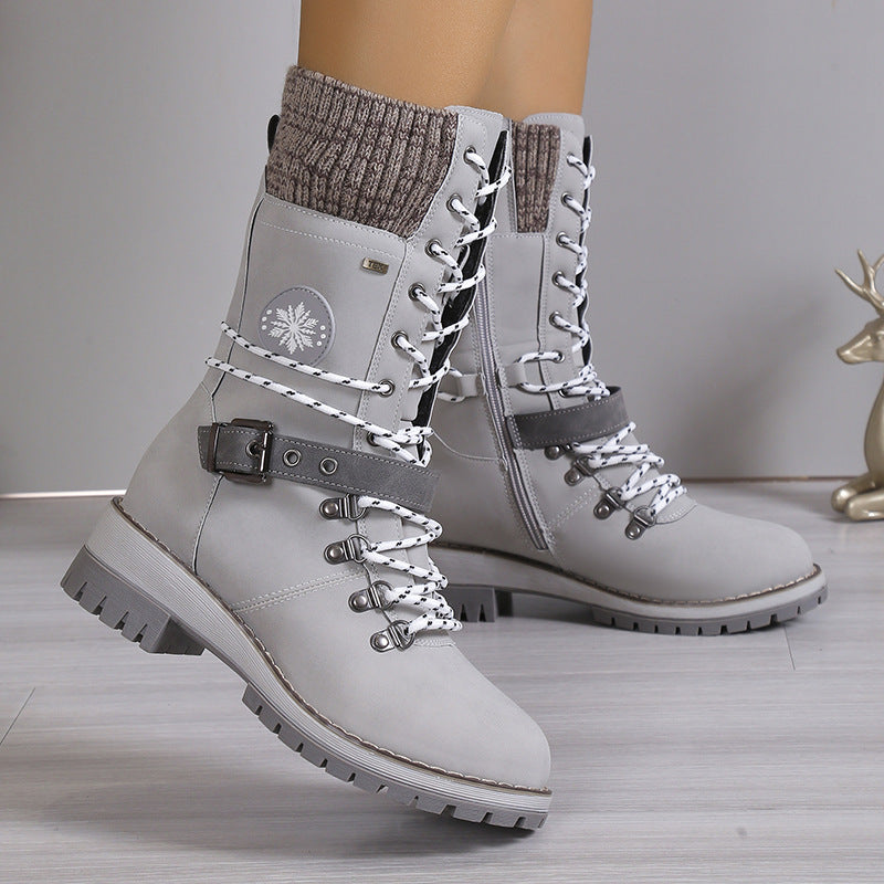 Women's Nordic Knit Combat Boot - High-Shaft Thermal Cotton Lined Snow Boots with Block Heel & Leather Accents Design (US 5-10.5)
