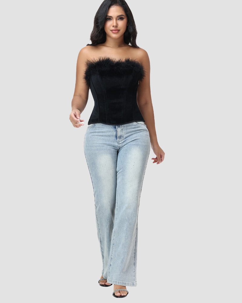 Black Velvet Feather Trim Strapless Corset Top with Lace Up Back
