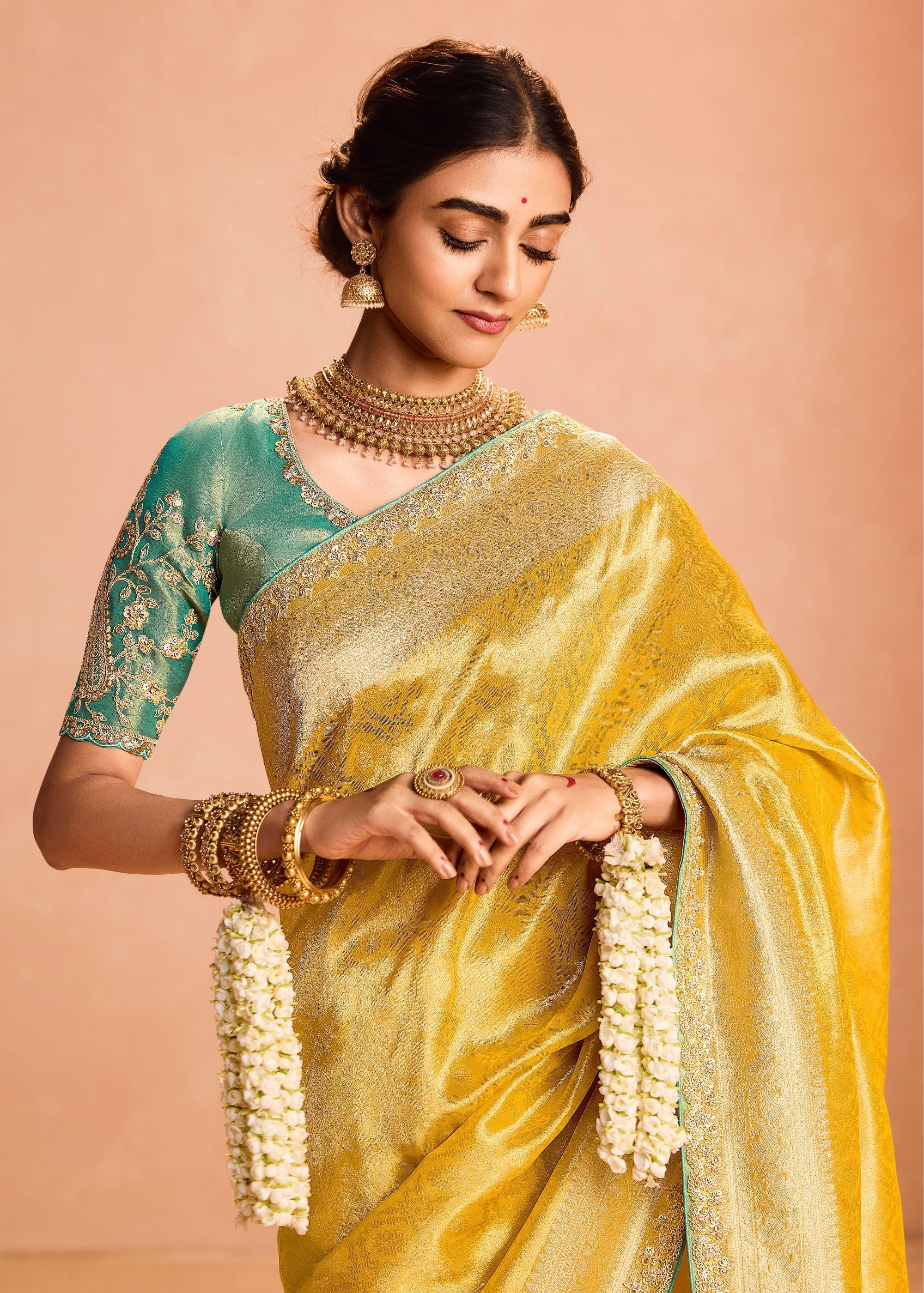 Butter Yellow Zari Tissue Silk Saree With Weaving Work And Heavy Embroidery Lace - qivii