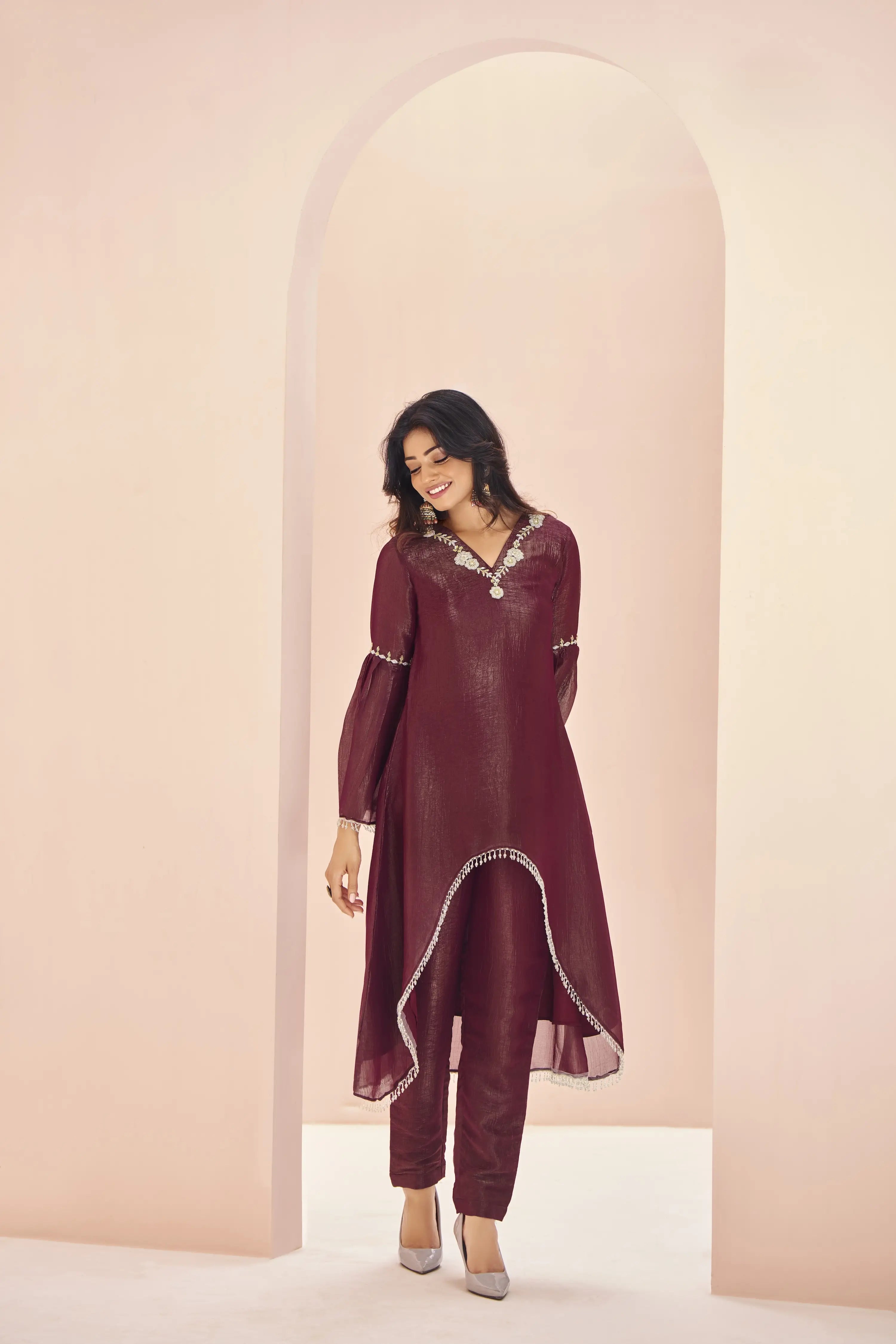 Maroon Organza Salwar Suit With Handwork - qivii