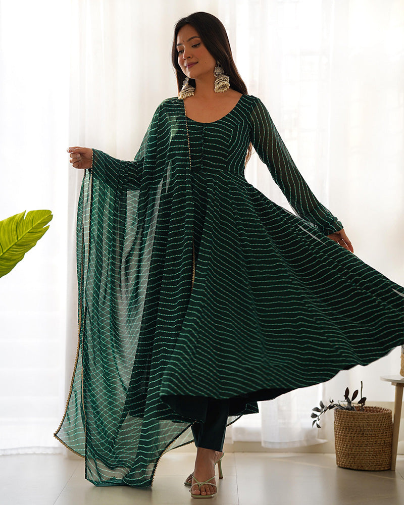  Elegant and vibrant Green Color Laheriya Print Georgette Anarkali Suit by Qivii