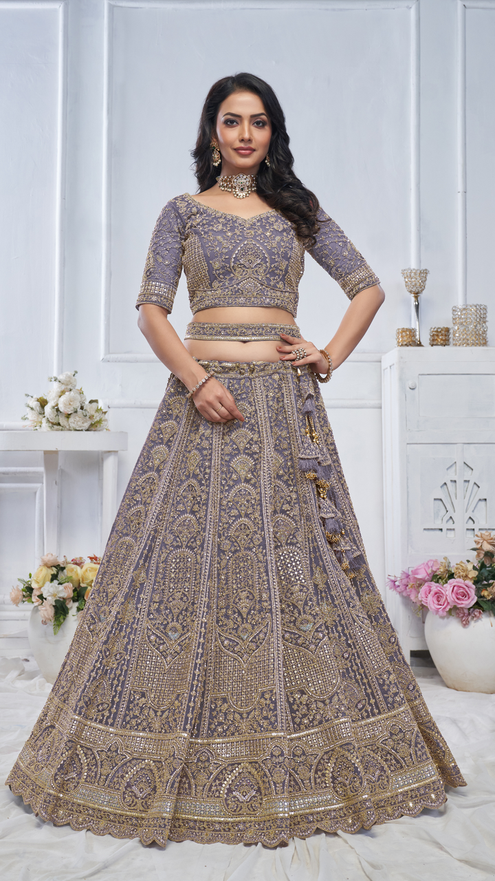 Peacock purple Embroidered Bridal lehenga