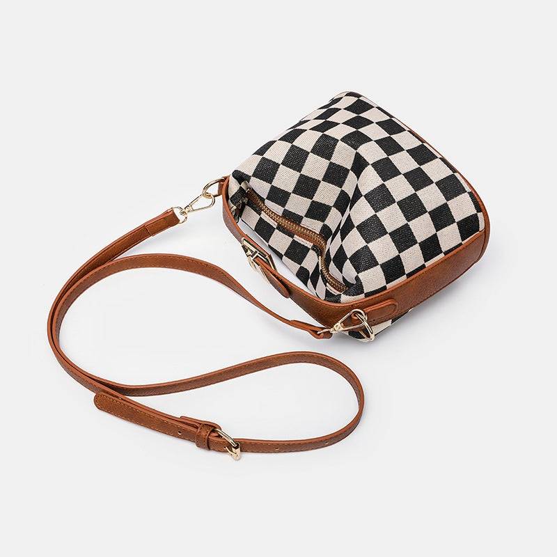 Ounamei Checkered Canvas Handbag with Leather Trim | Top Handle Shoulder & Crossbody Mini Box Bag