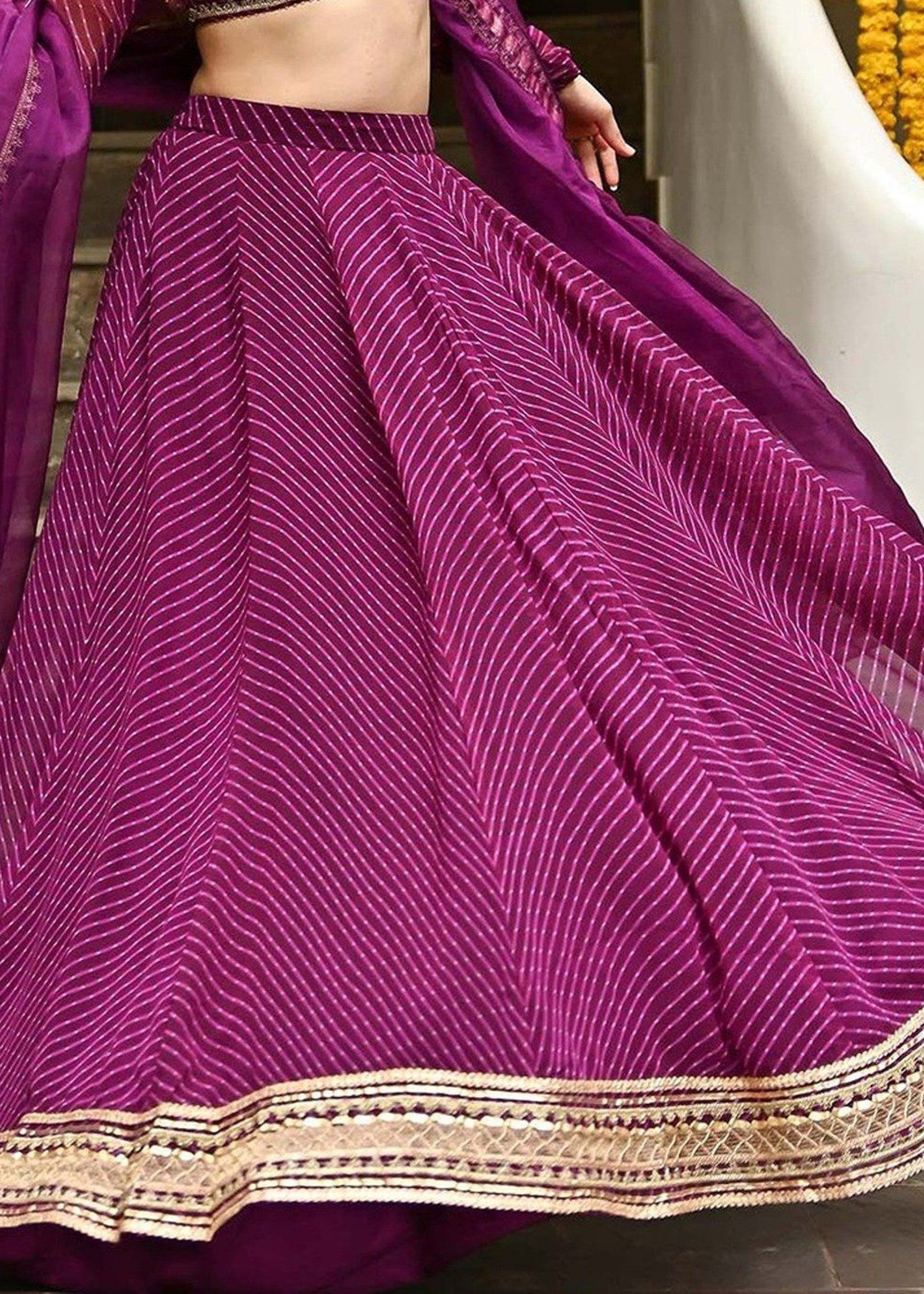 Grape Purple Georgette Leheriya Print Lehenga With Zari And Lace Work | Ready To Wear - qivii