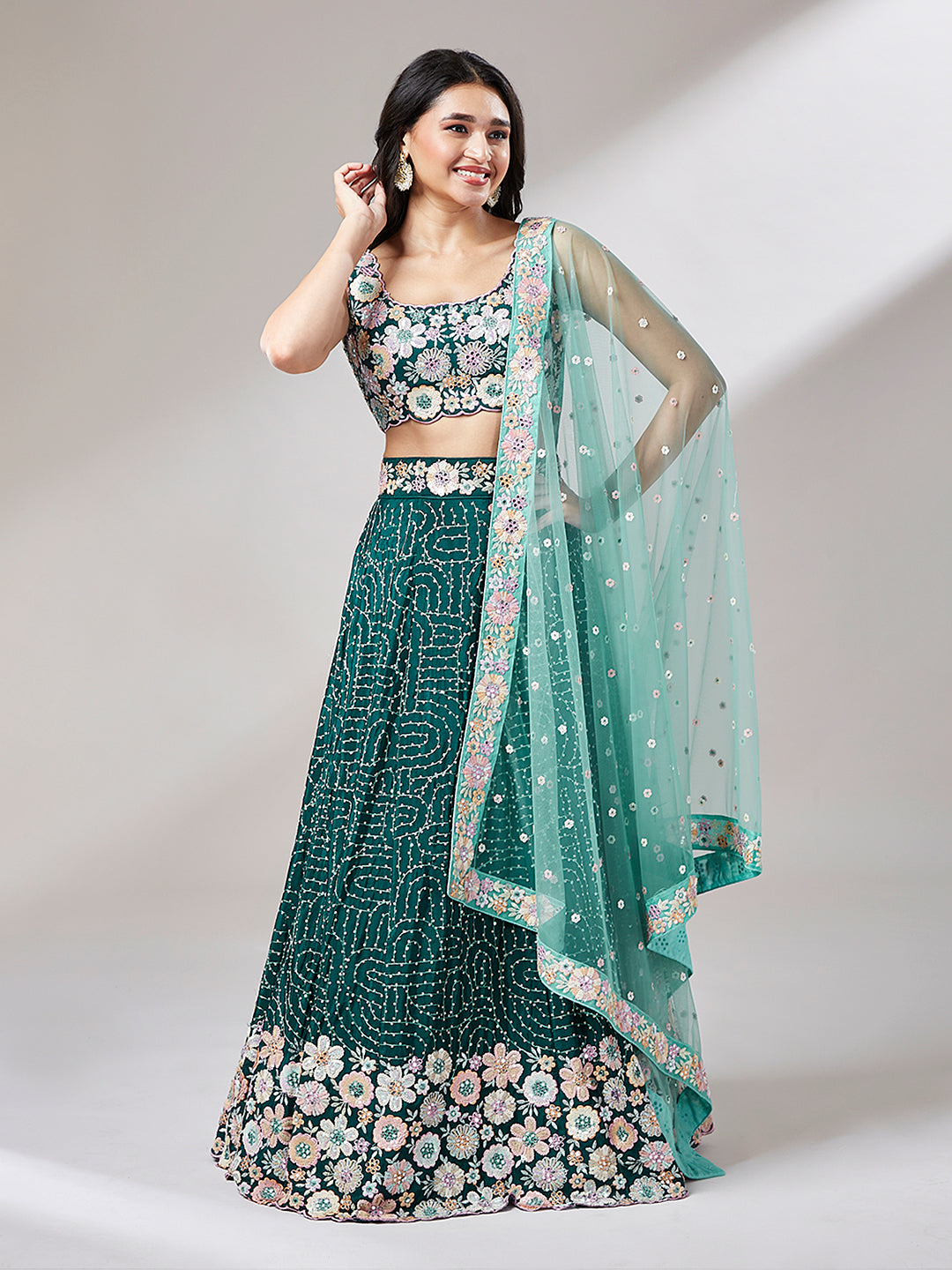 Teal Georgette Heavy Sequins Embroidery Stitched Lehenga choli