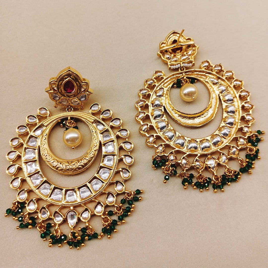 Manju Rose Pink & Green Gold Plated Kundan Earrings