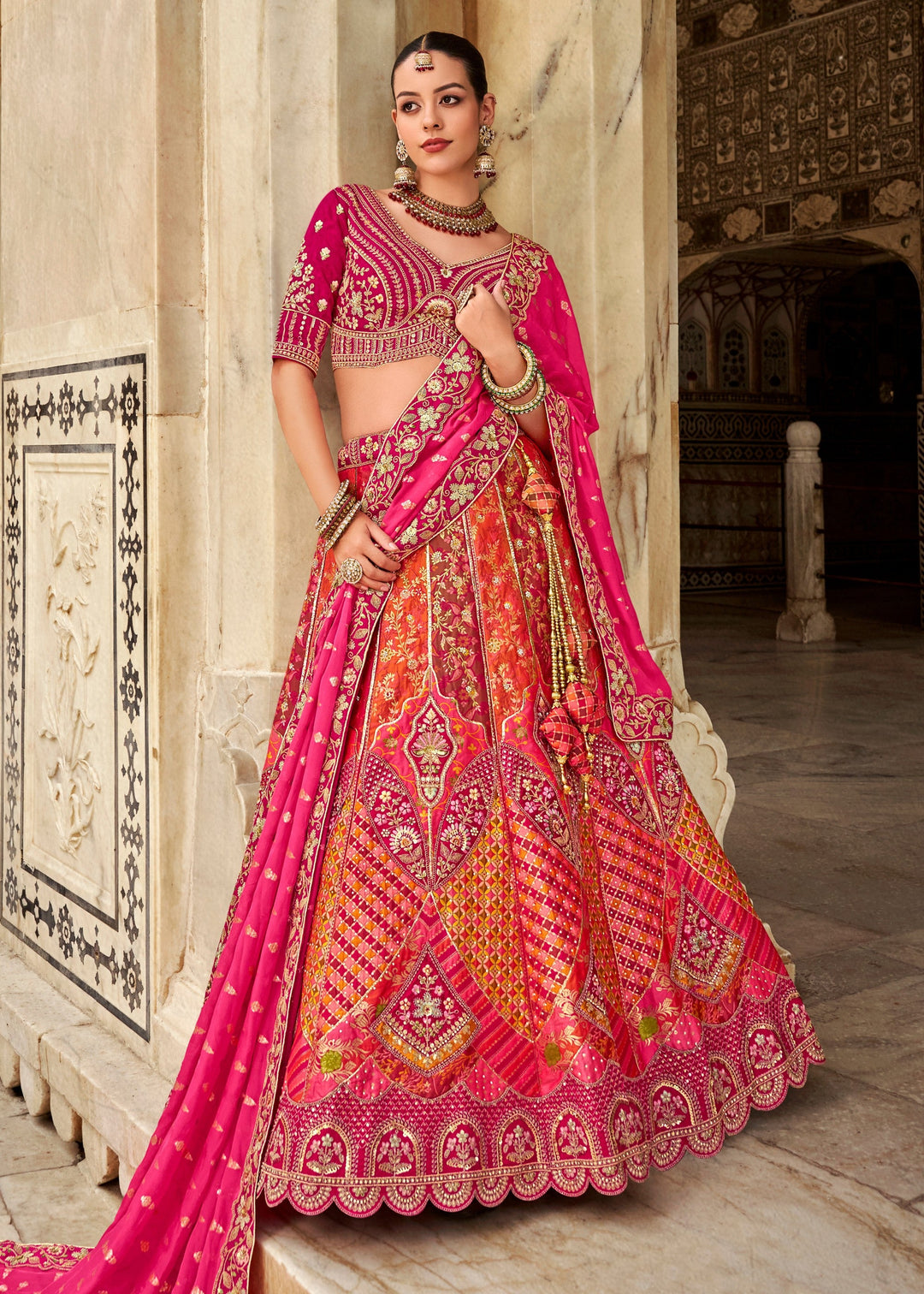 Rani Pink & Orange Banarasi Silk Lehenga Choli with Zarkan, Sequence and Thread Work