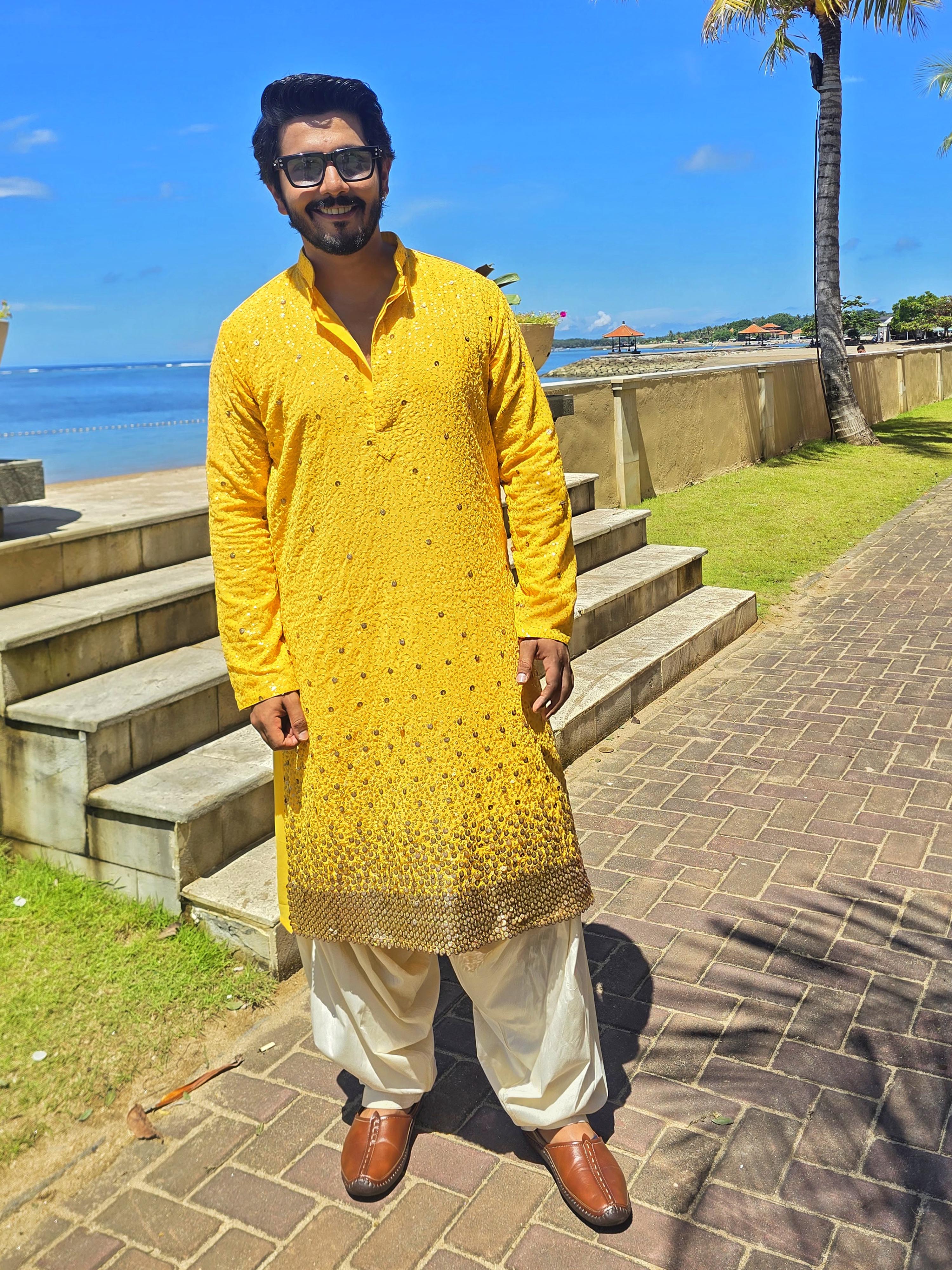 Men's Yellow Georgette Zari With Sequins Worked Kurta Patiala Set