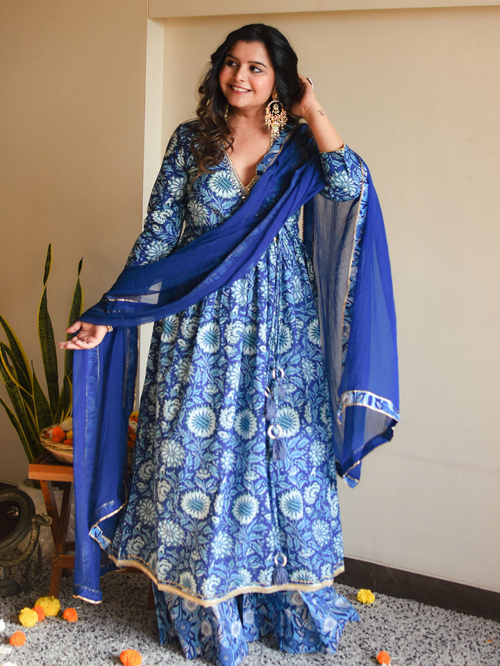 Blue Cotton Floral Block Print Kurta Palazzo Set  - By Janasya