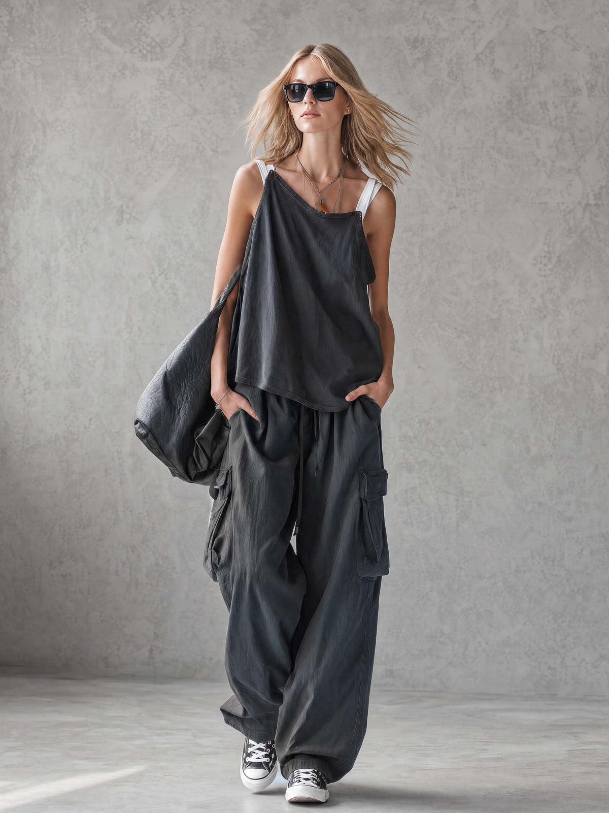 Exquisite Casual Workwear-inspired Dark Blue Cotton Off-the-shoulder Tank Top And Pants Set  - By Qivii