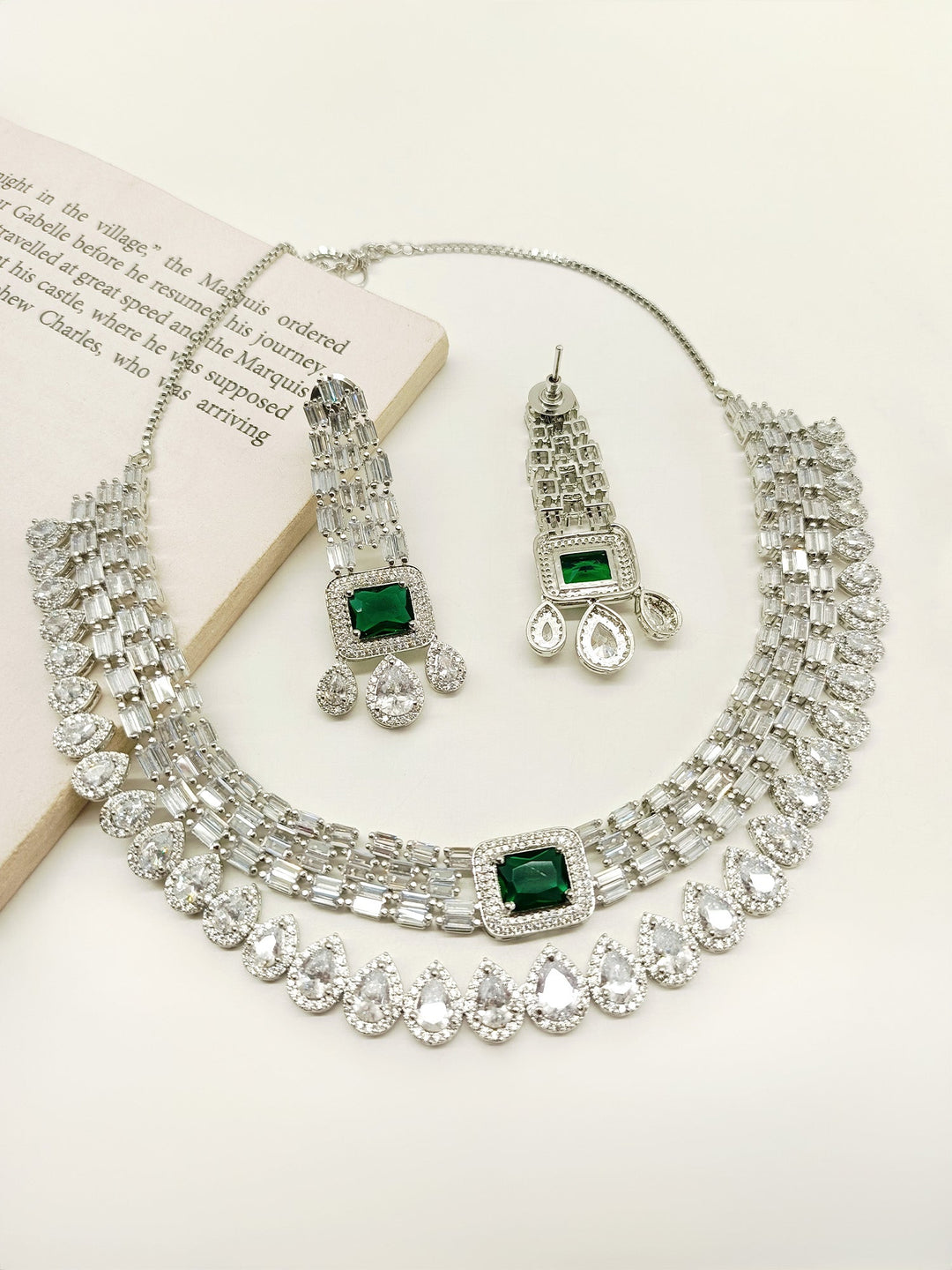 Shya Green Double Layer American Diamond Necklace Set