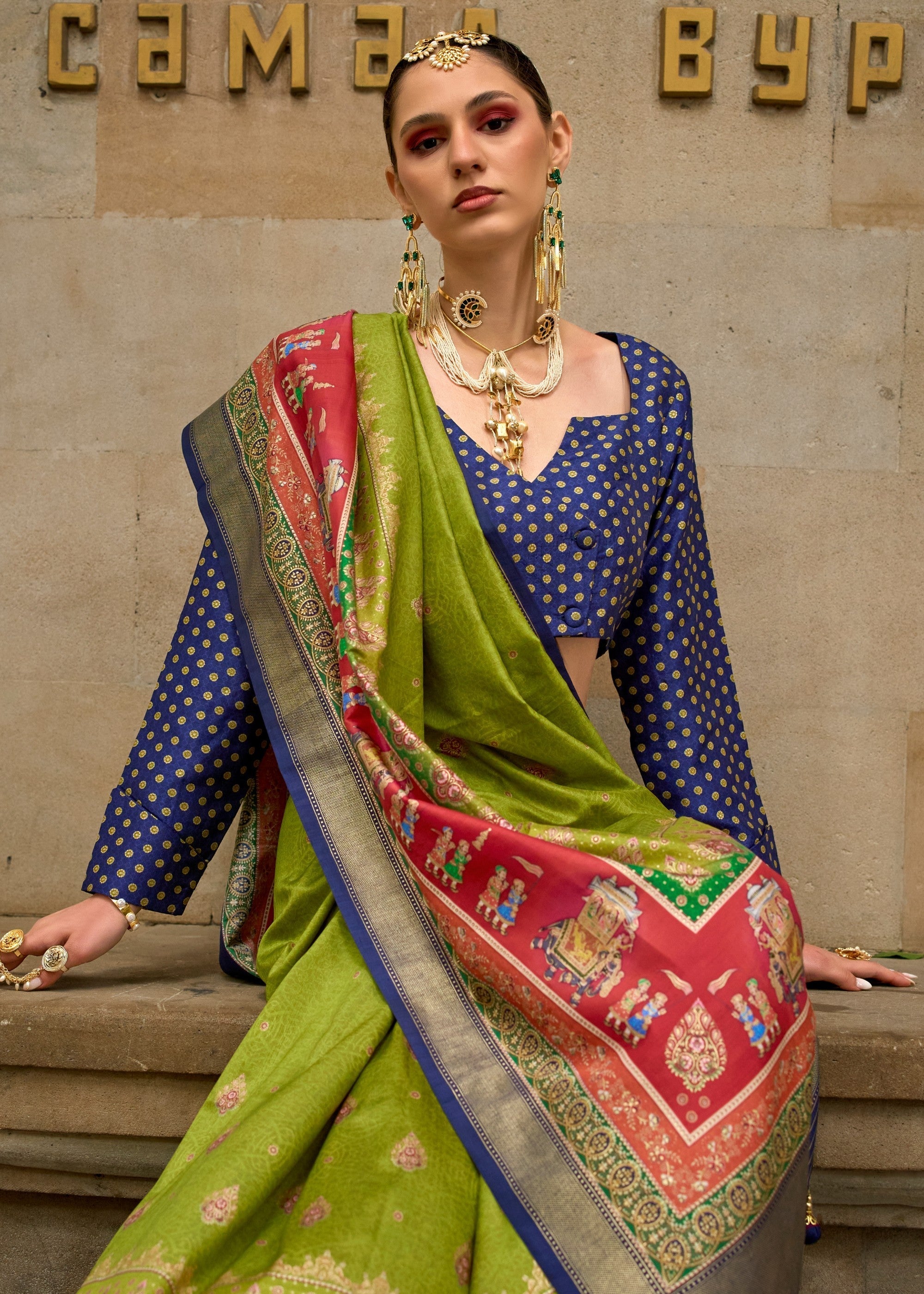 Chartreuse Green Poly Viscose Silk Saree With Foil Print - qivii