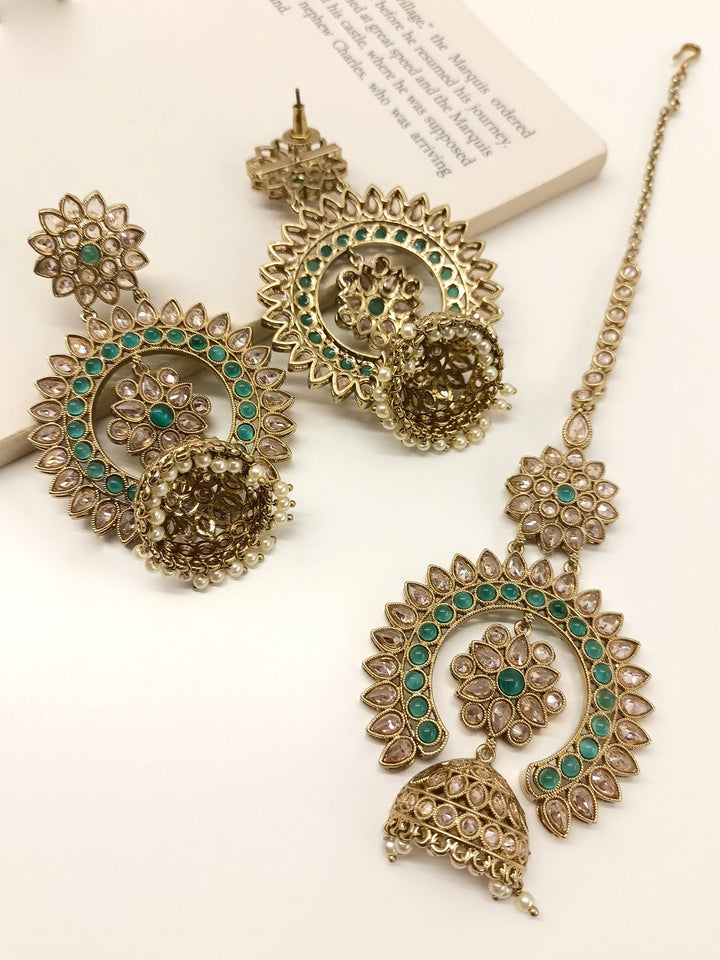 Ekiya Green Polki Jhumki With Teeka