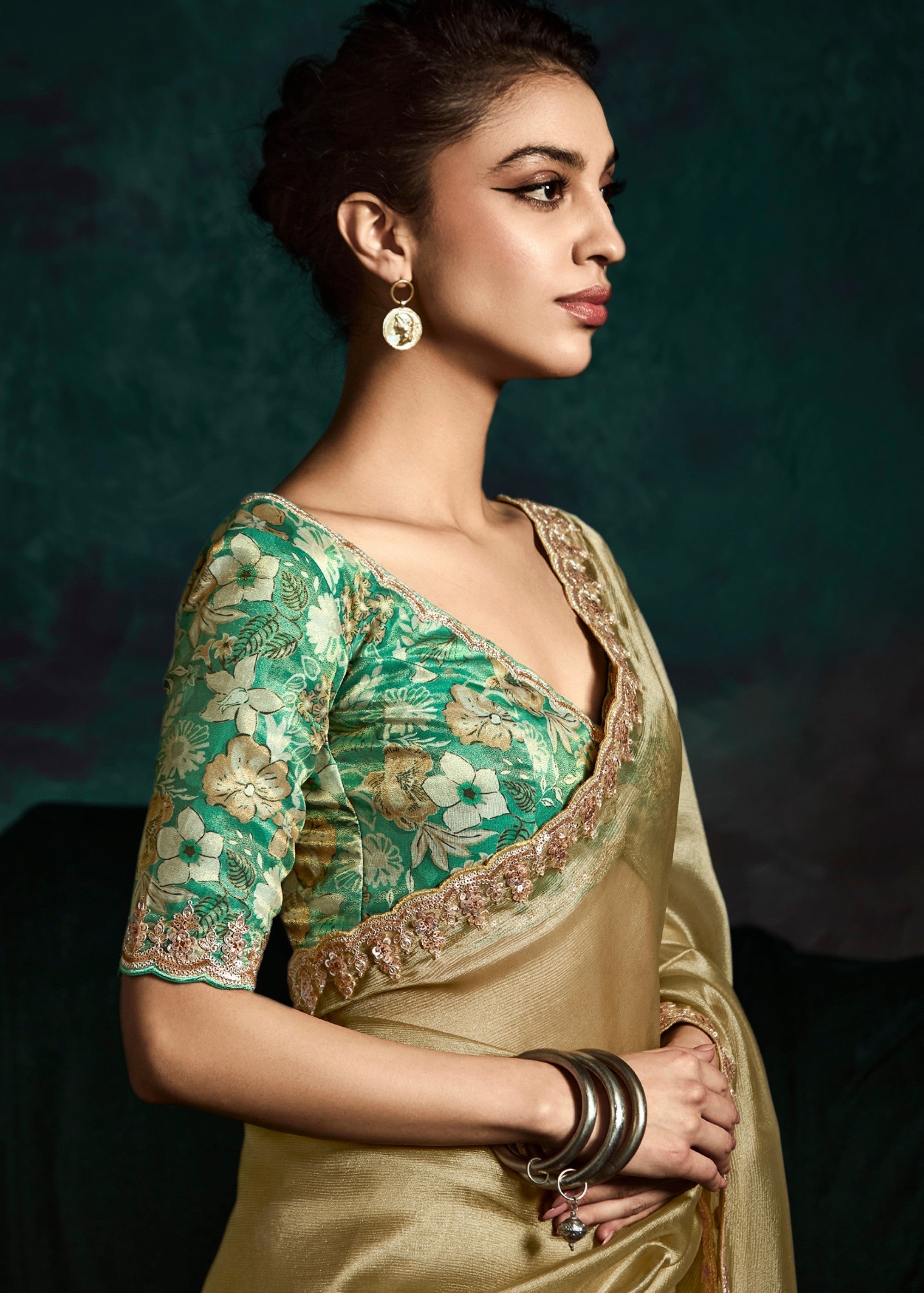 Golden Fancy Fabric Silk Saree With Sequins And Thread Embroidered Butti Work - qivii