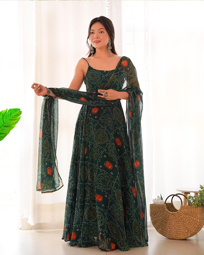 Gorgeous women's Anarkali gown in dark green with floral bandhani print