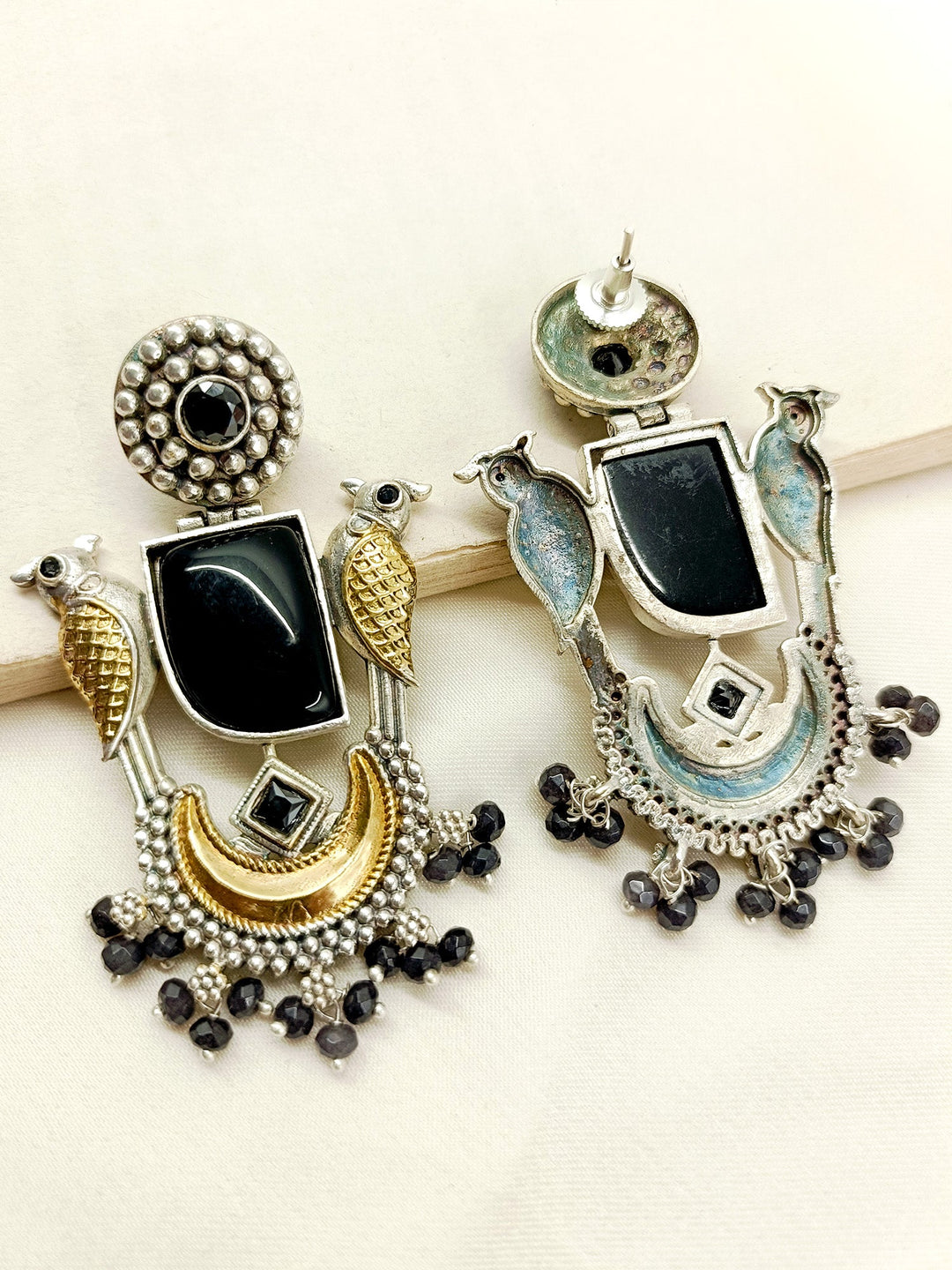 Shridevi Black Bird Oxidized Earrings