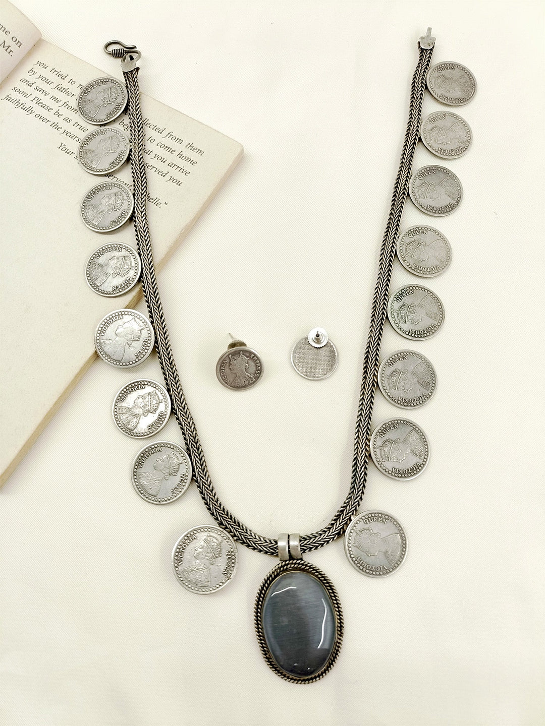 Erum Grey German Silver Oxidized Necklace Set