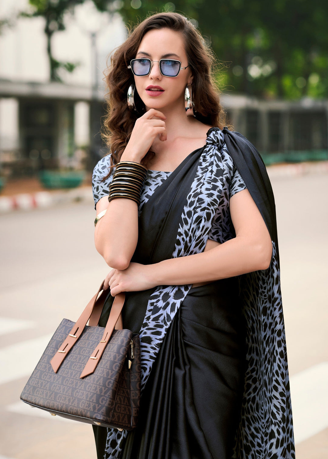 Black Printed Satin Silk Saree