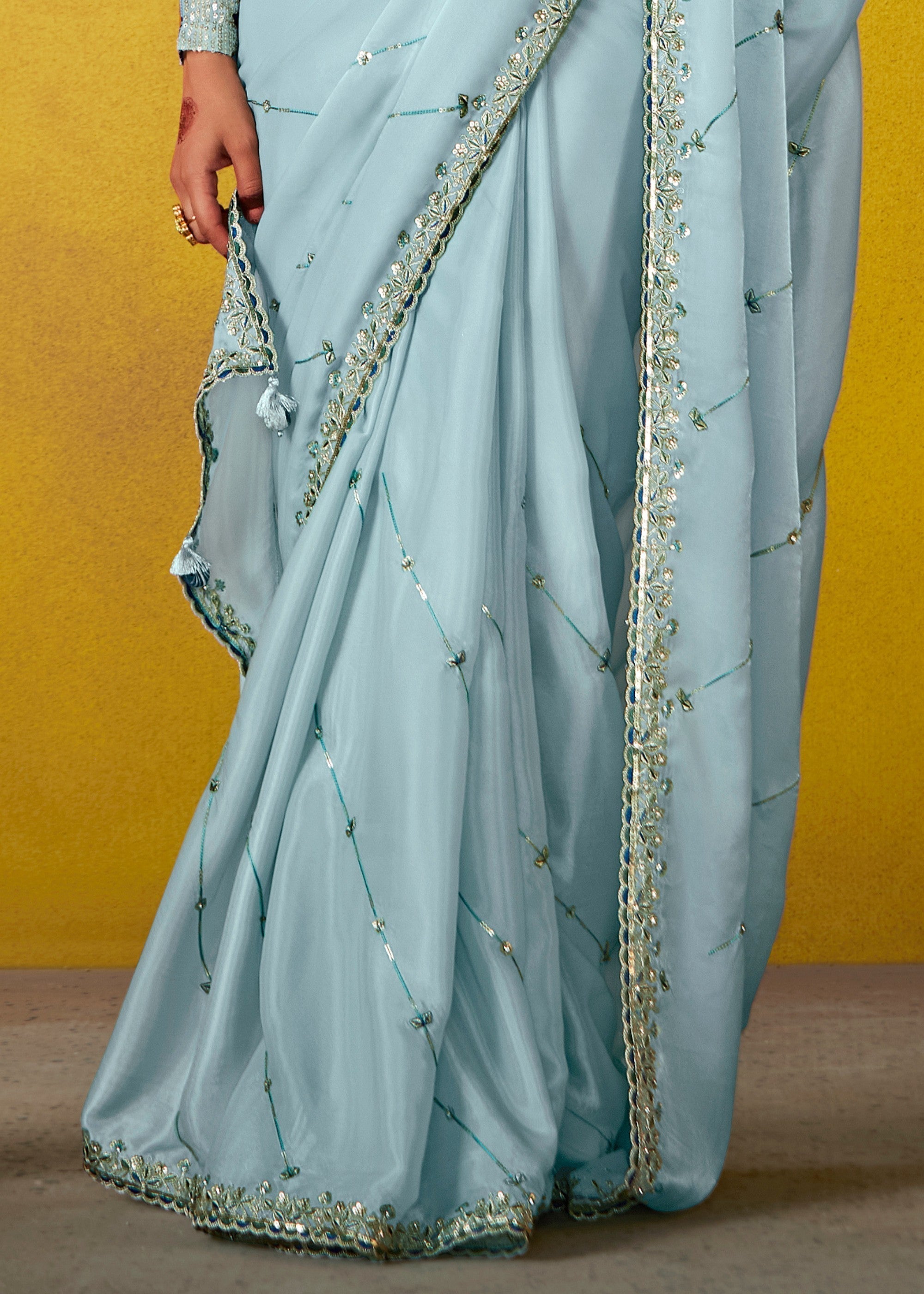 Arctic Blue Glass Tissue Silk Saree With Sequins And Thread Embroidered Work - qivii