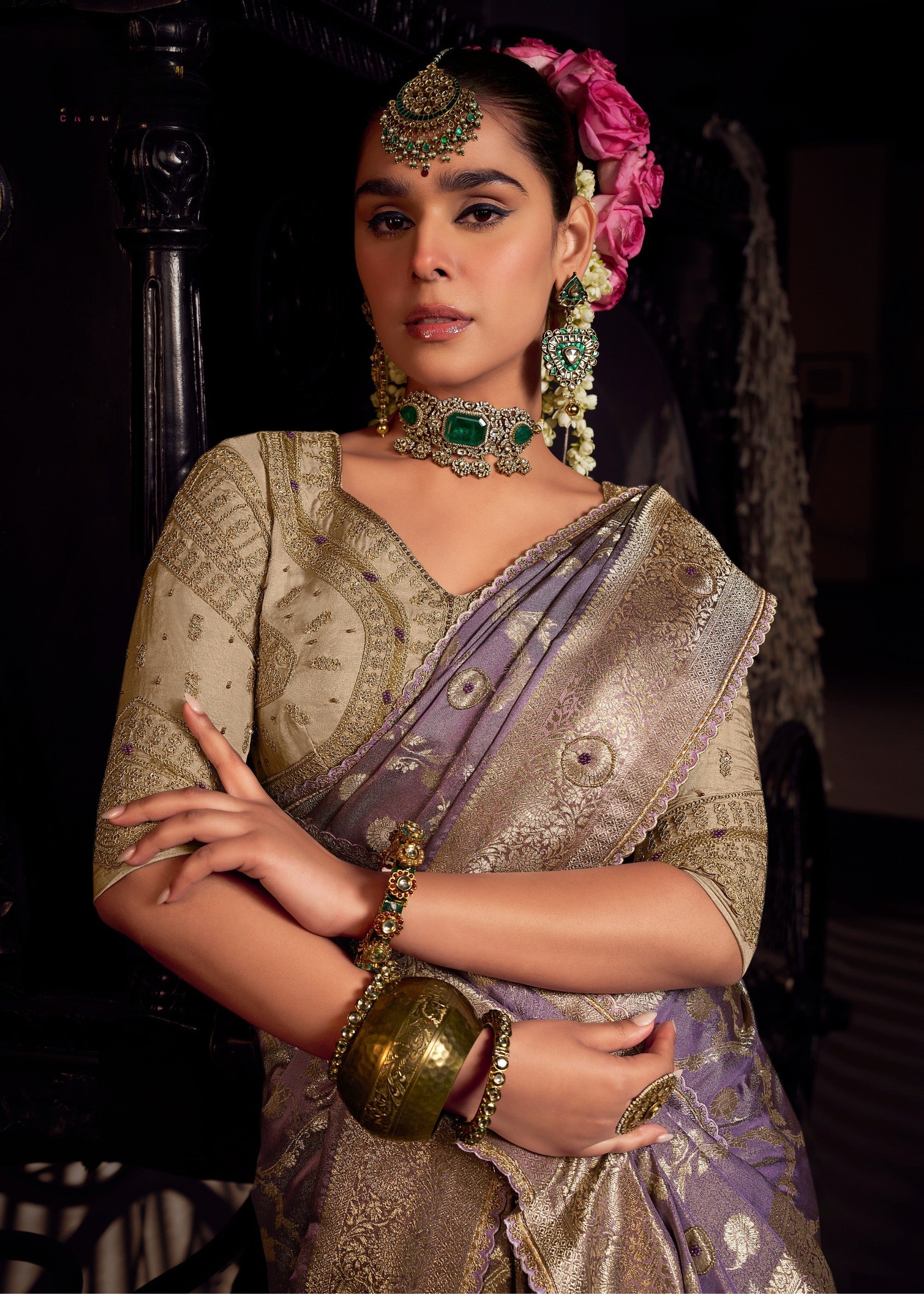 Heather Purple Viscose Tissue Silk Saree with Handworked Pallu And Contrast Designer Blouse - qivii