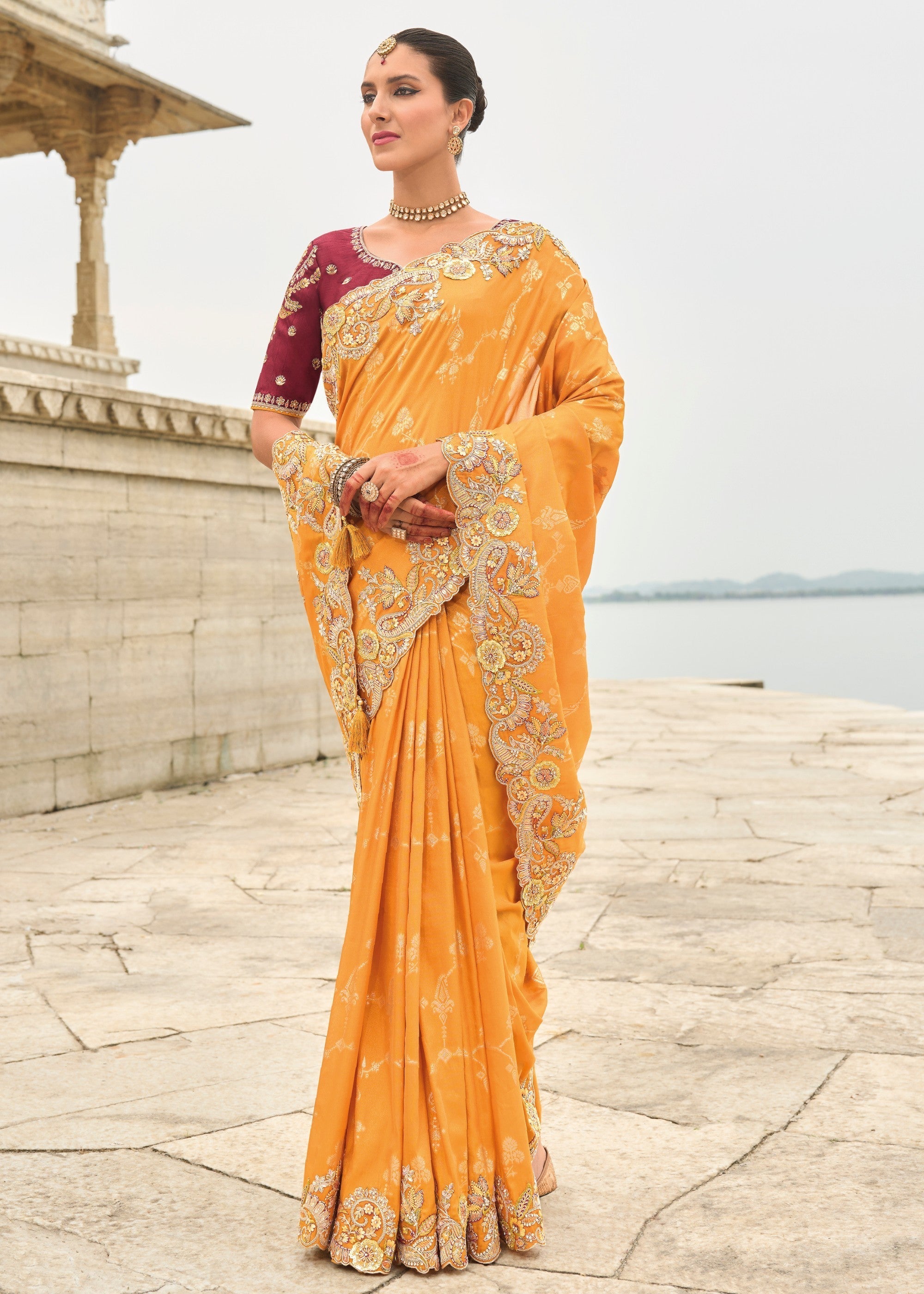 Orange Viscose Tissue Silk Saree With Embroidery Cut Work Border And Sequence Work - qivii