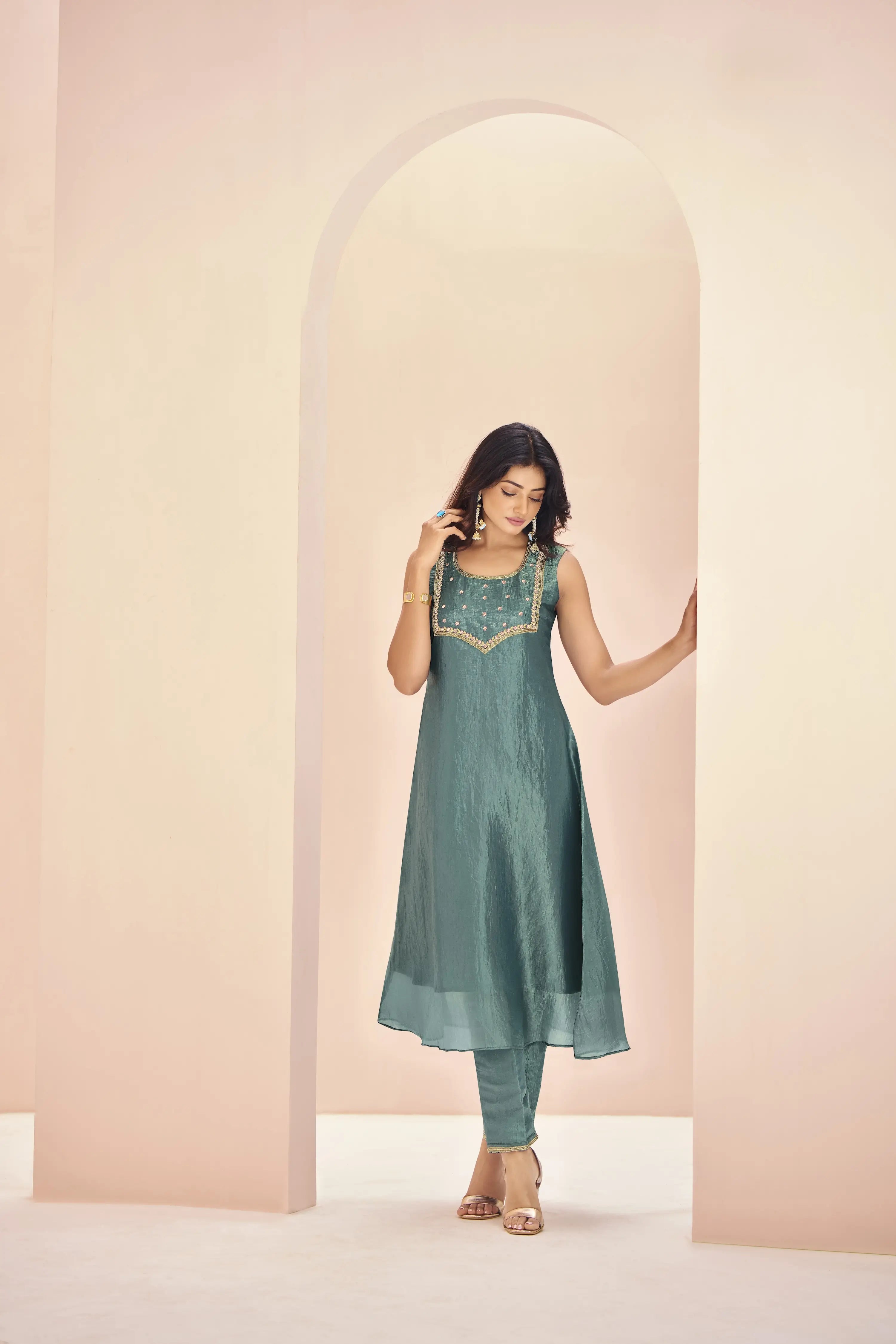 Aqua Green Organza Salwar Suit With Handwork - qivii