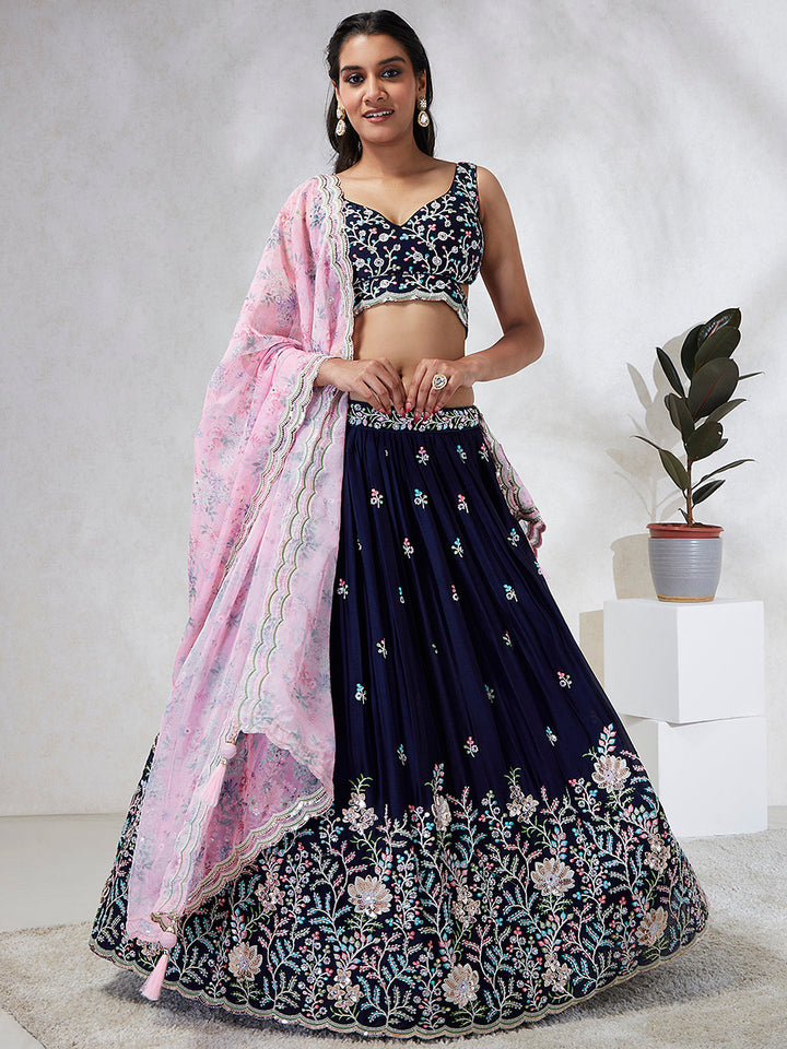 Georgette Sequins, Mirror and thread embroidery Stitched Lehenga choli