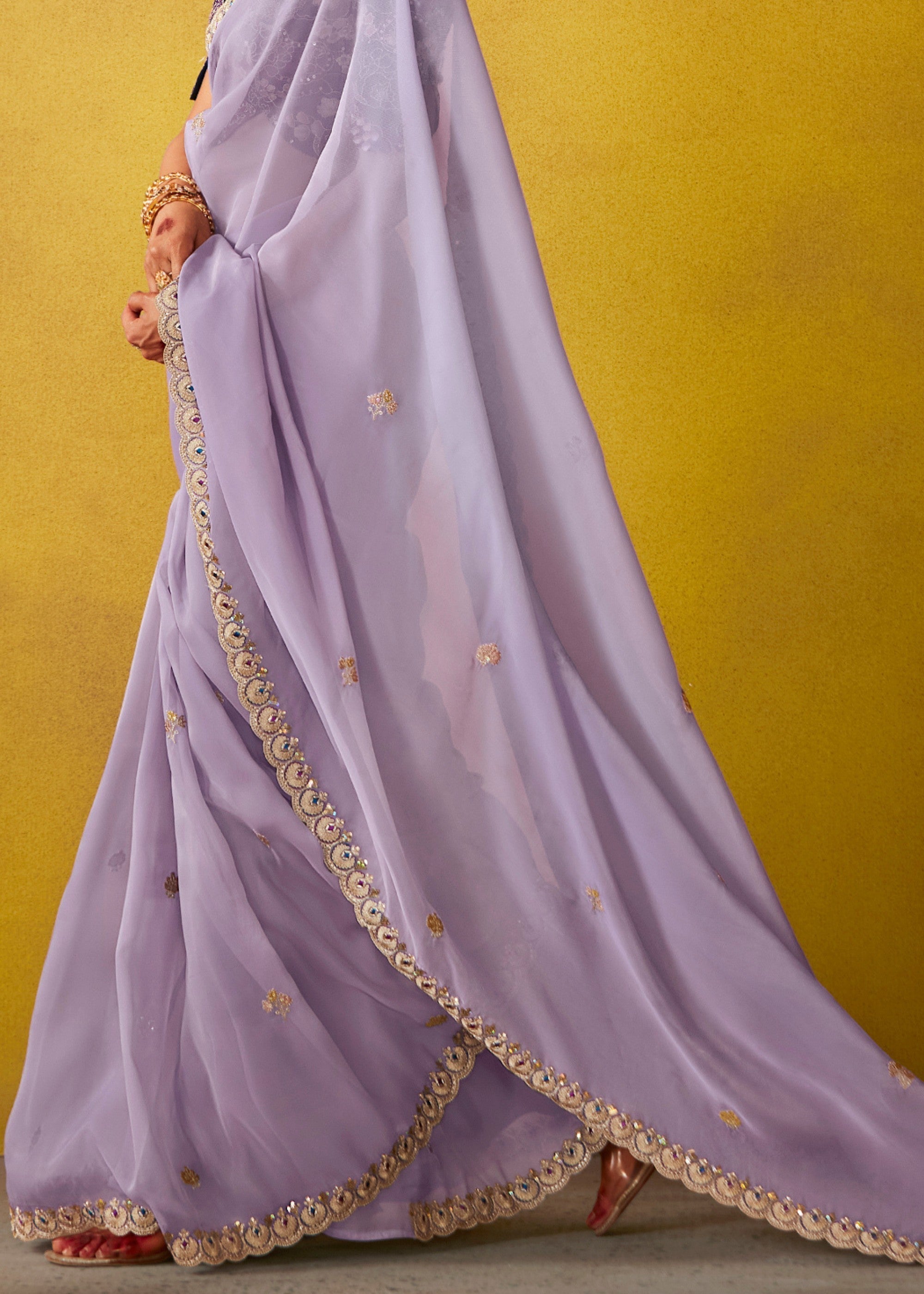 Mauve Purple Glass Tissue Silk Saree With Sequins And Thread Embroidered Work - qivii