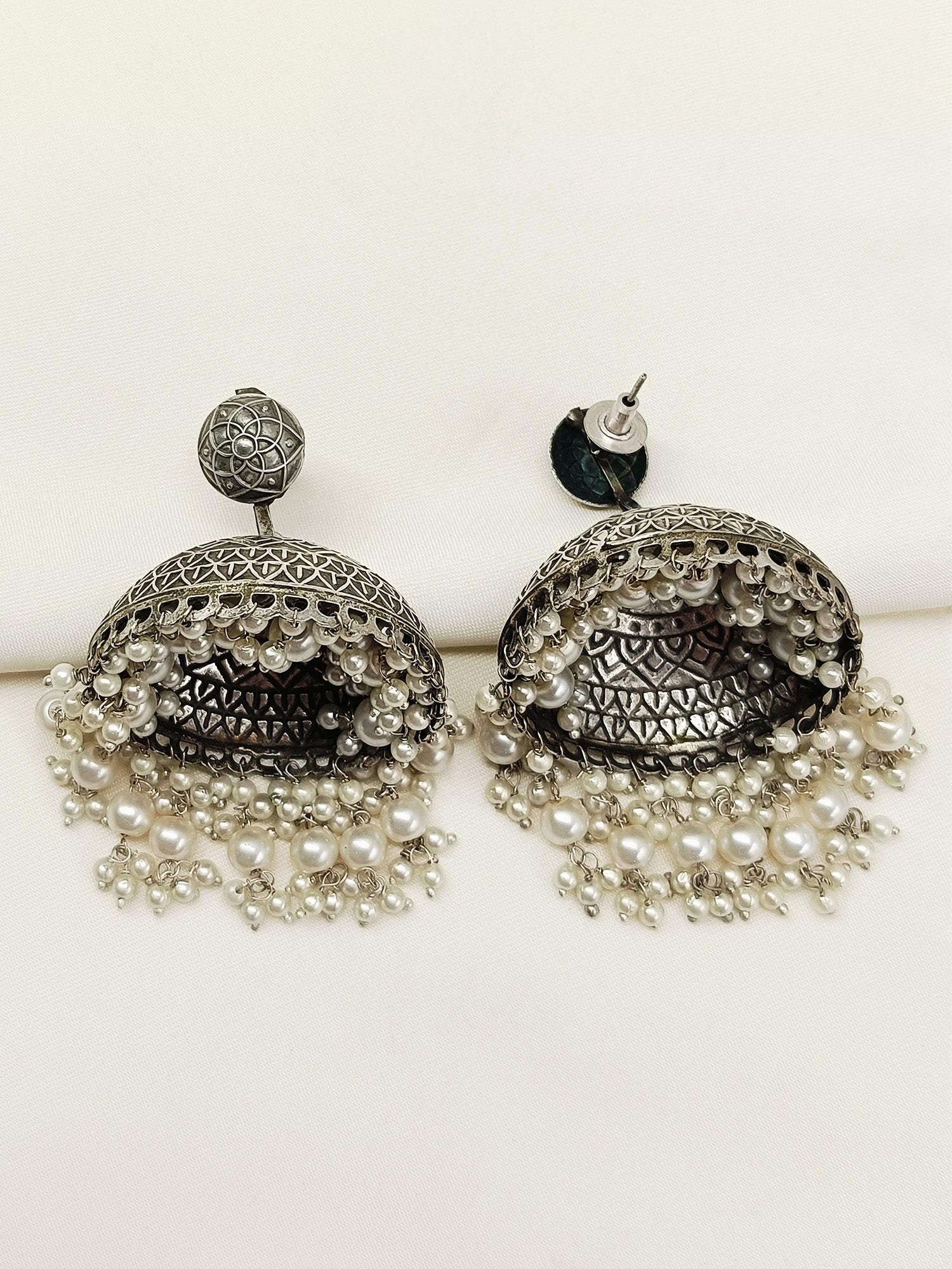 Agrima White Pearl Oxidized Jhumki