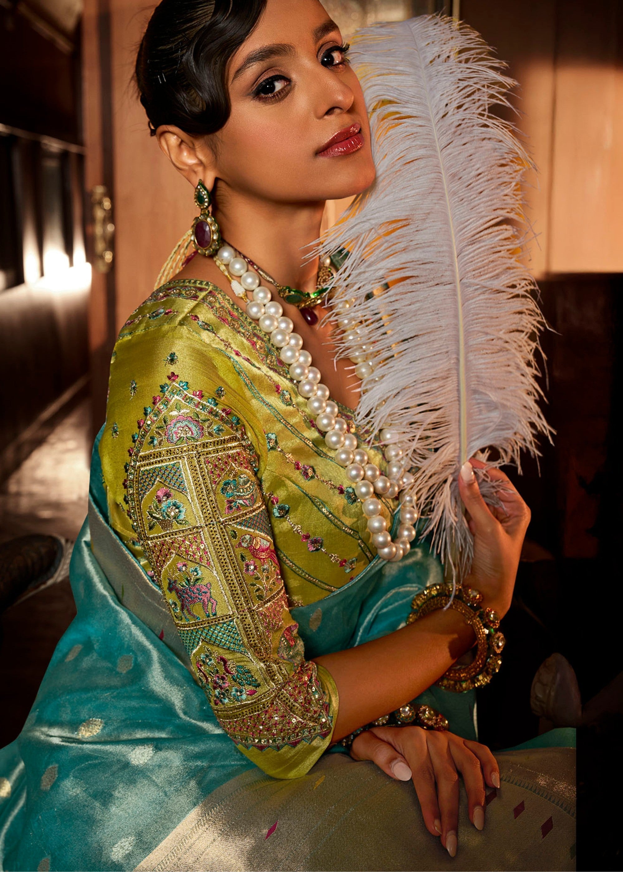 Cerulean Blue Pure Tissue Paithani Silk Saree with Heavy Designer Embroidered Blouse - qivii