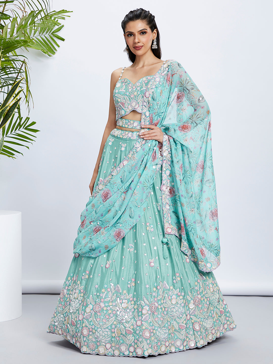Seagreen - Multi Color Chiffon Embroidered using Sequins,Thread & Coding Semi-Stitched Lehenga choli - qivii
