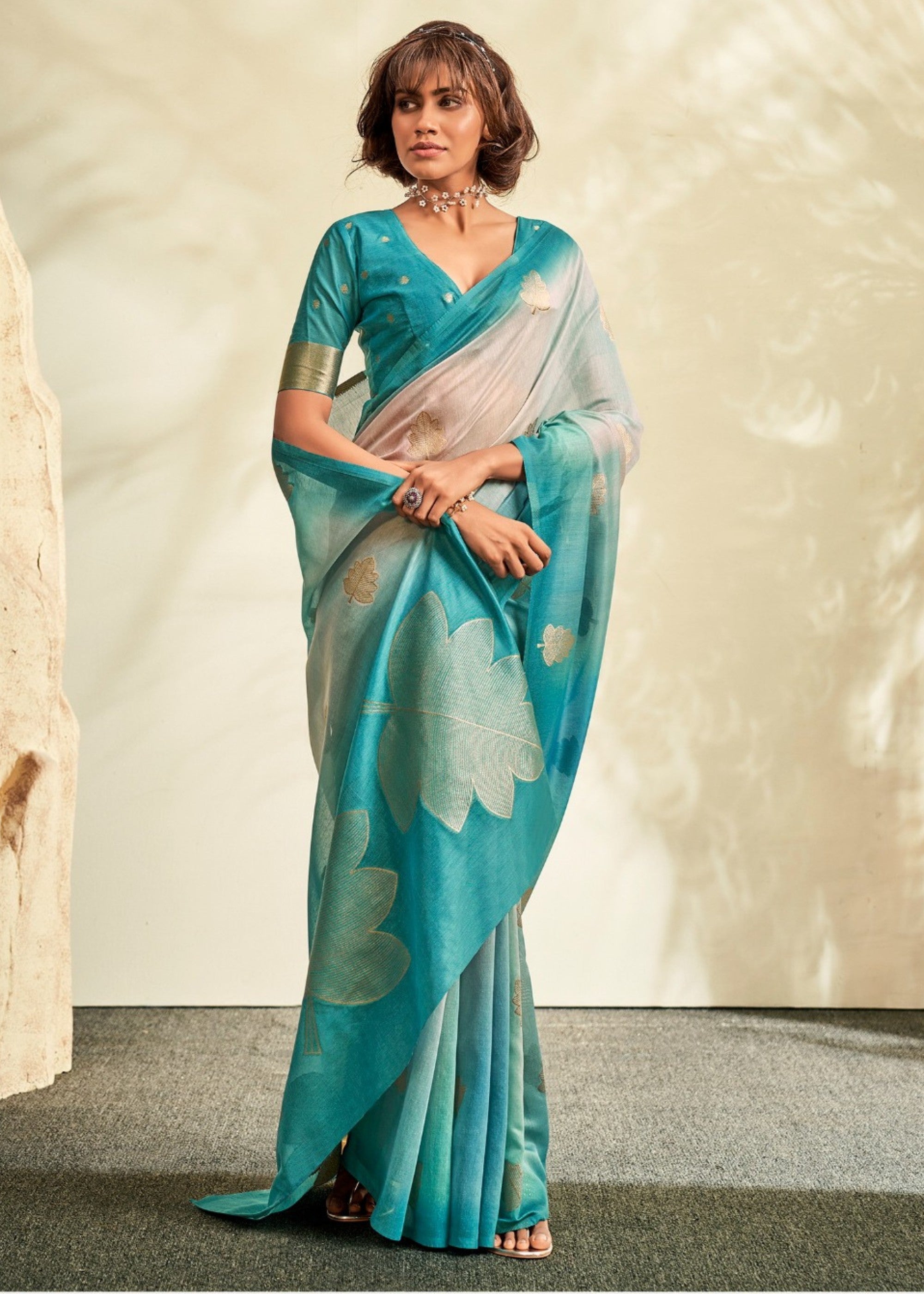 Turquoise Blue Handloom Khadi Silk with Digital Print - qivii