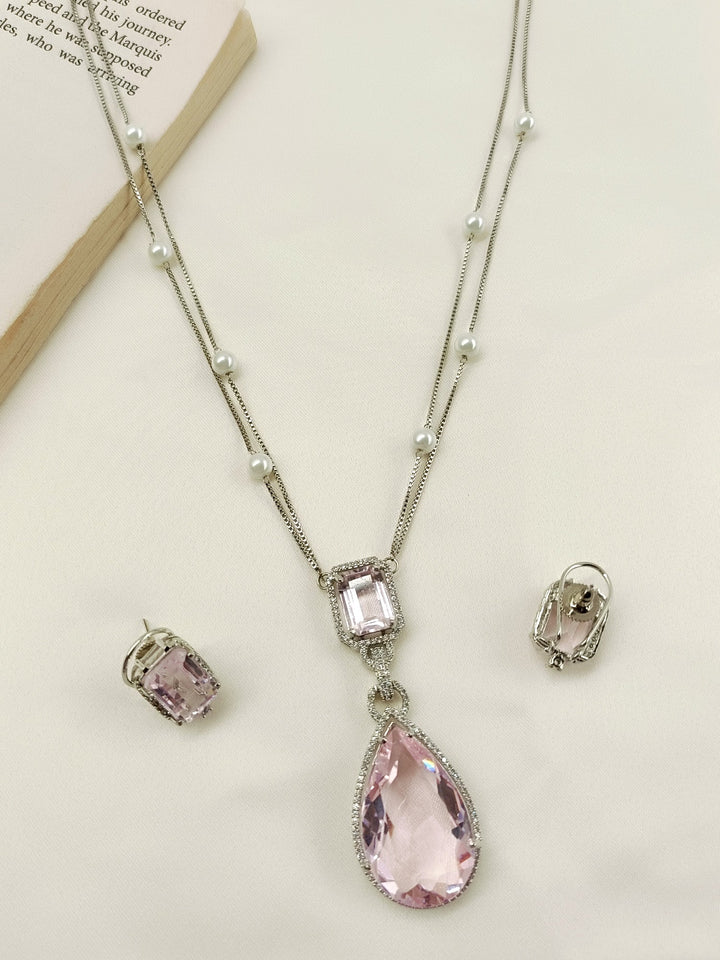 Aadanya Baby Pink Swarovski Stone Pendant Set