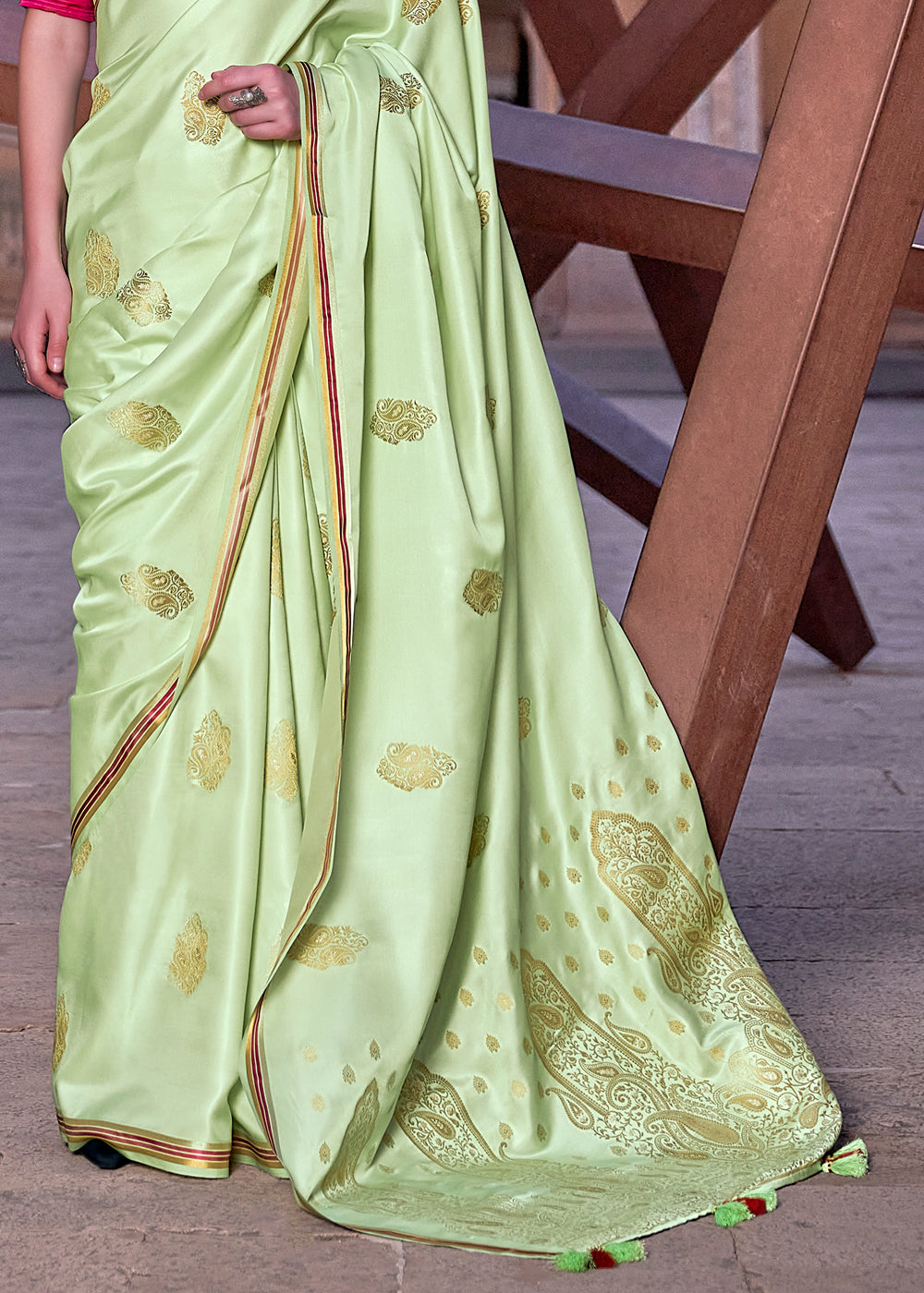 Pista Green Woven Satin Silk Saree With Contrast Brocade Blouse