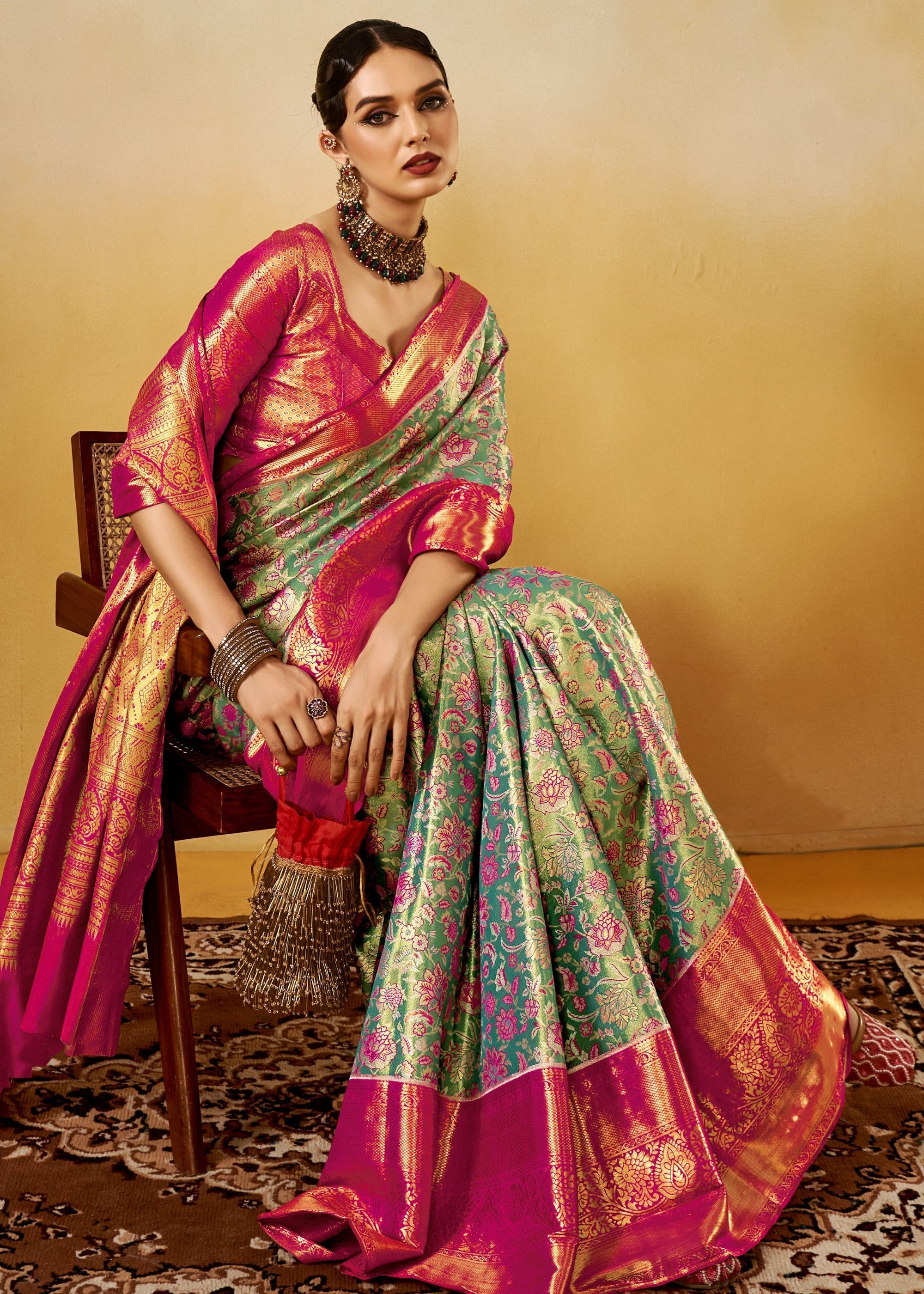 Pink and Green Handloom Dharamavaram Silk Saree - qivii
