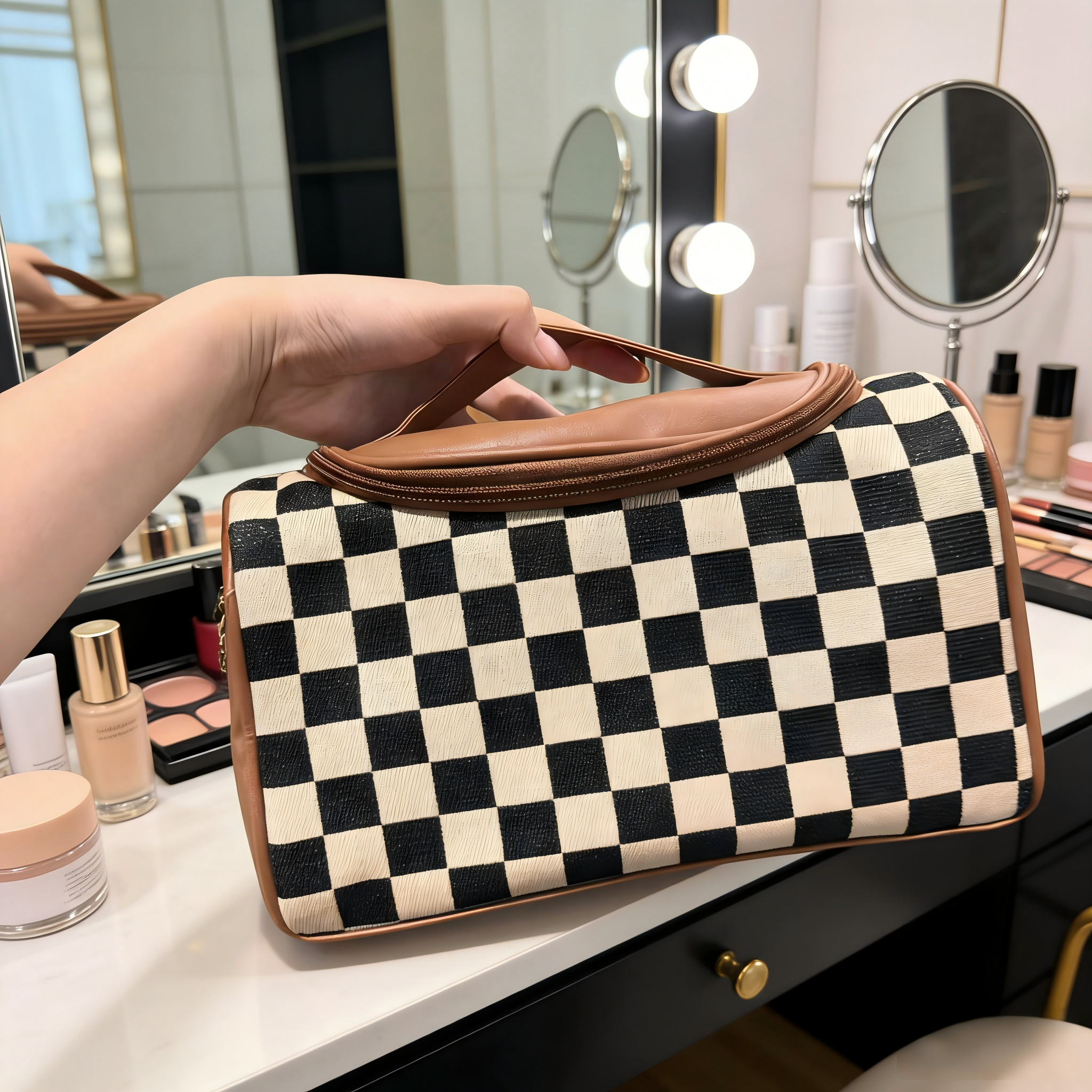 Ounamei Checkered Makeup Bag for Women | Canvas & PU Leather Large Capacity Cosmetic Organizer for Travel