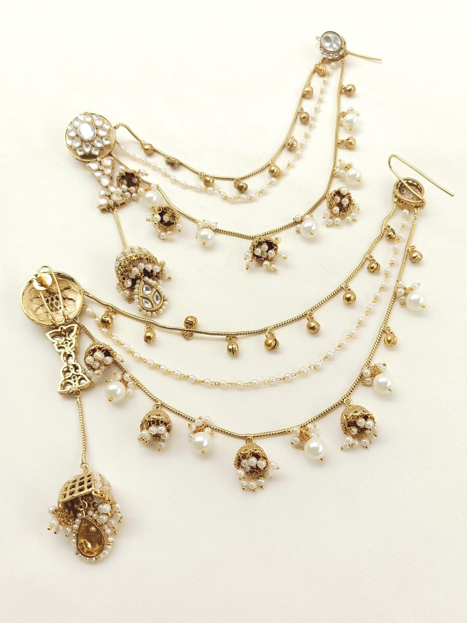 Triguni White Kundan Jhumki With Ear Chain