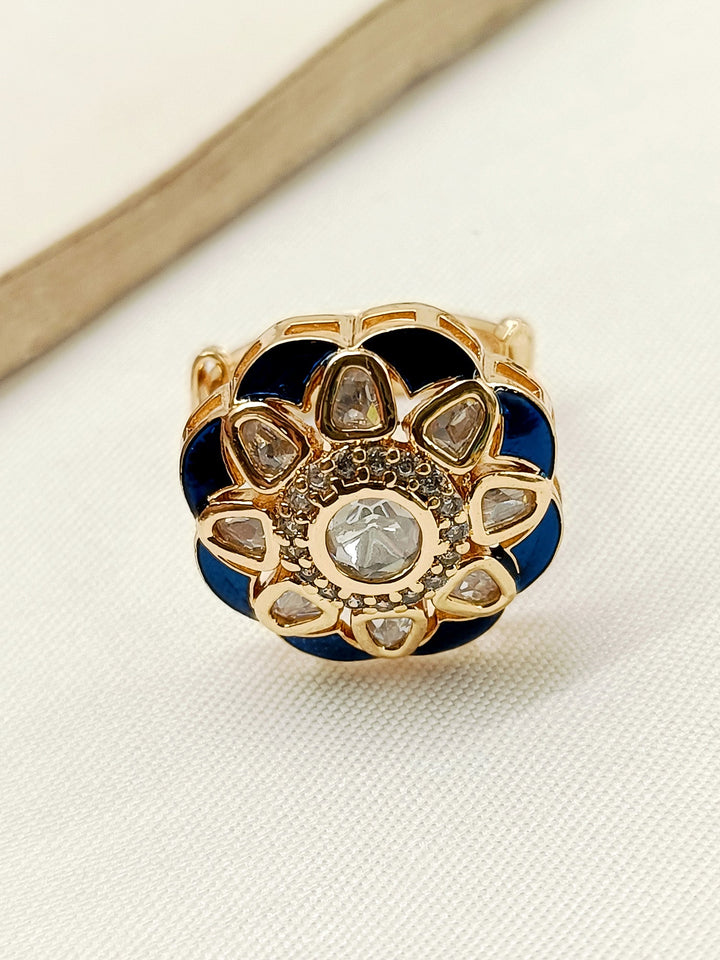 Beautiful Neeru Navy Blue Kundan Finger Ring with Intricate Design and Sparkling Gemstones