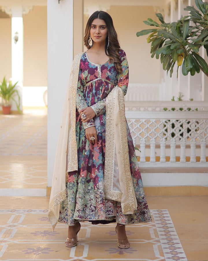 Wedding Wear Floral Embroidered Wine Color Alia Cut Gown With Dupatta  - By Qivii