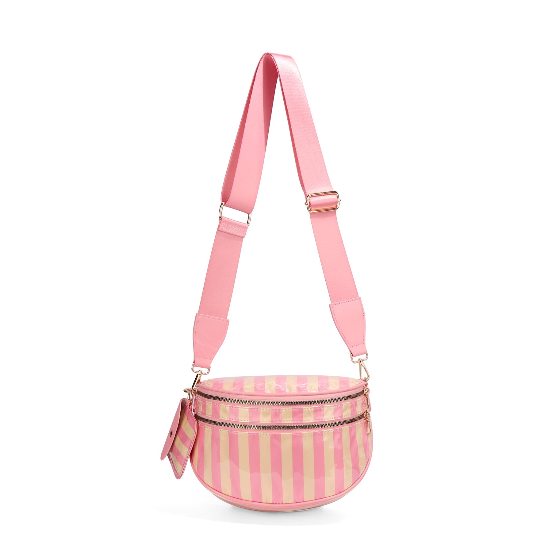 Ounamei Waterproof PVC Striped Crossbody Bum Bag for Women | Pink & Green / Pink & Yellow Nylon Belt Bag for Travel & Everyday Use