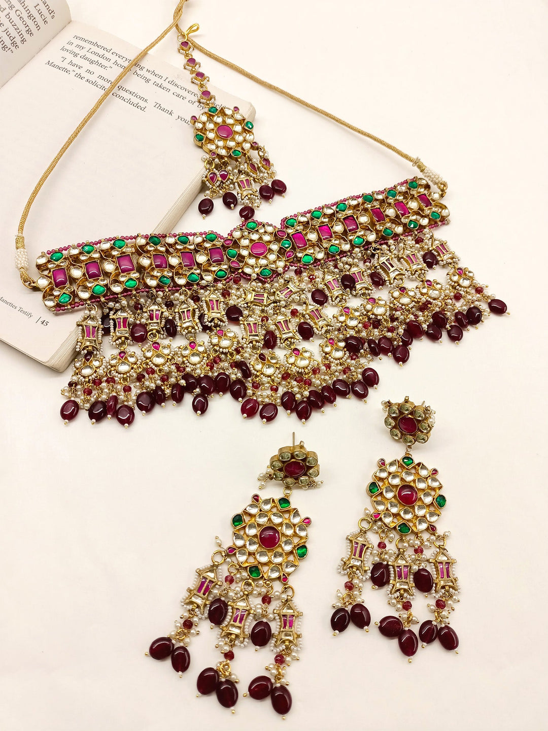 Saksham Maroon & Green Kundan Choker Set