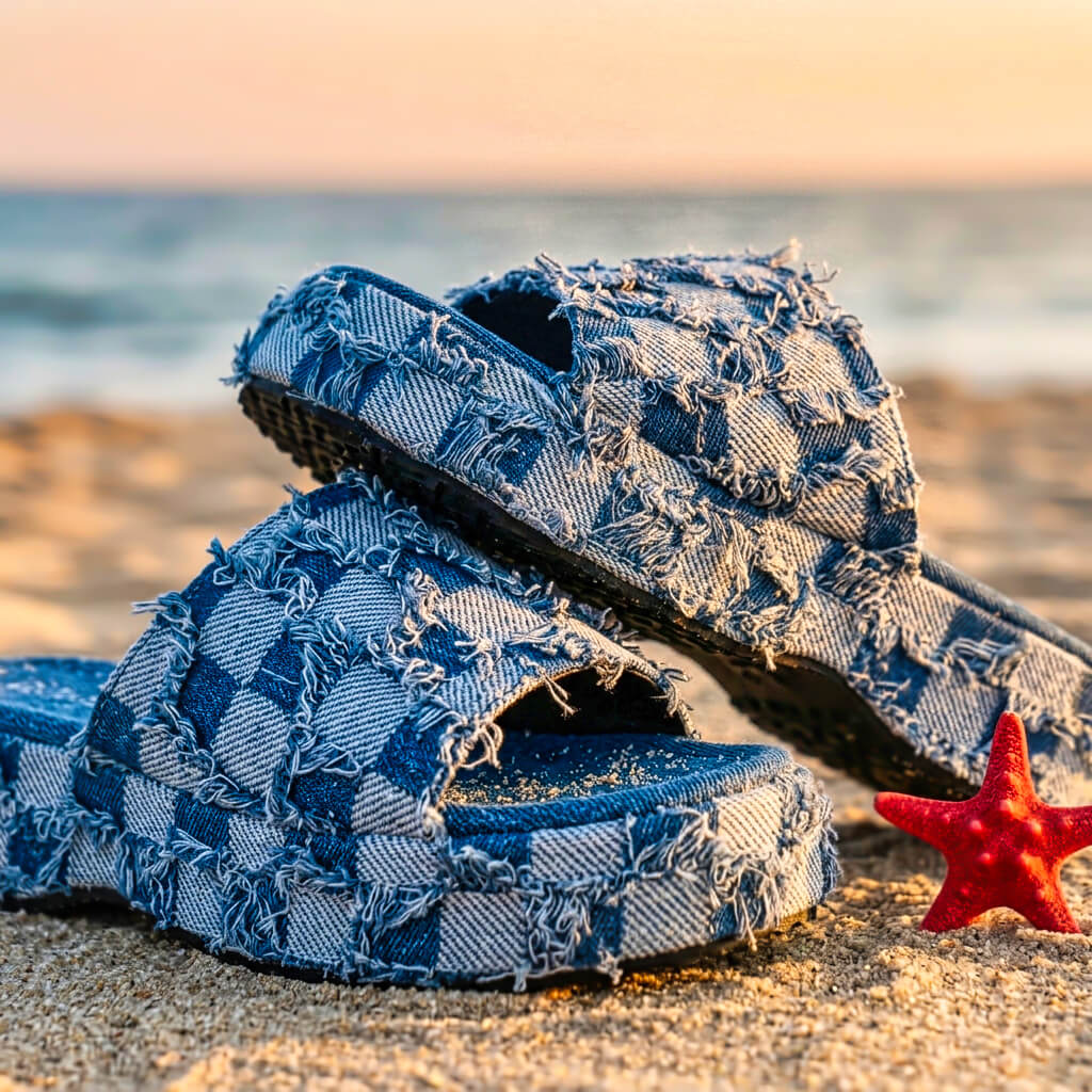 Riley Checkered Denim Slides  - By Qivii