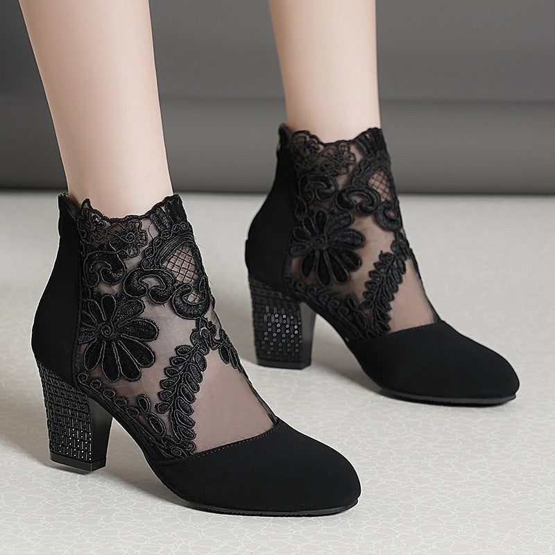 Women's Filigree Lace Heeled Sandal - Architectural Cutout Mesh Stilettos with Cushion & Extended Sizes (US 4-11)