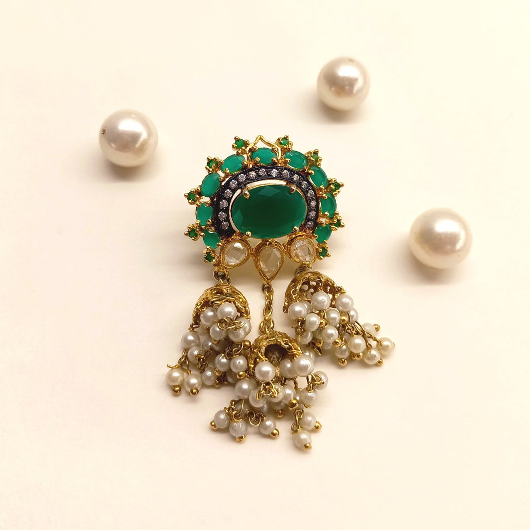 Poonam Green Emerald Stoned American Diamond Jhumki