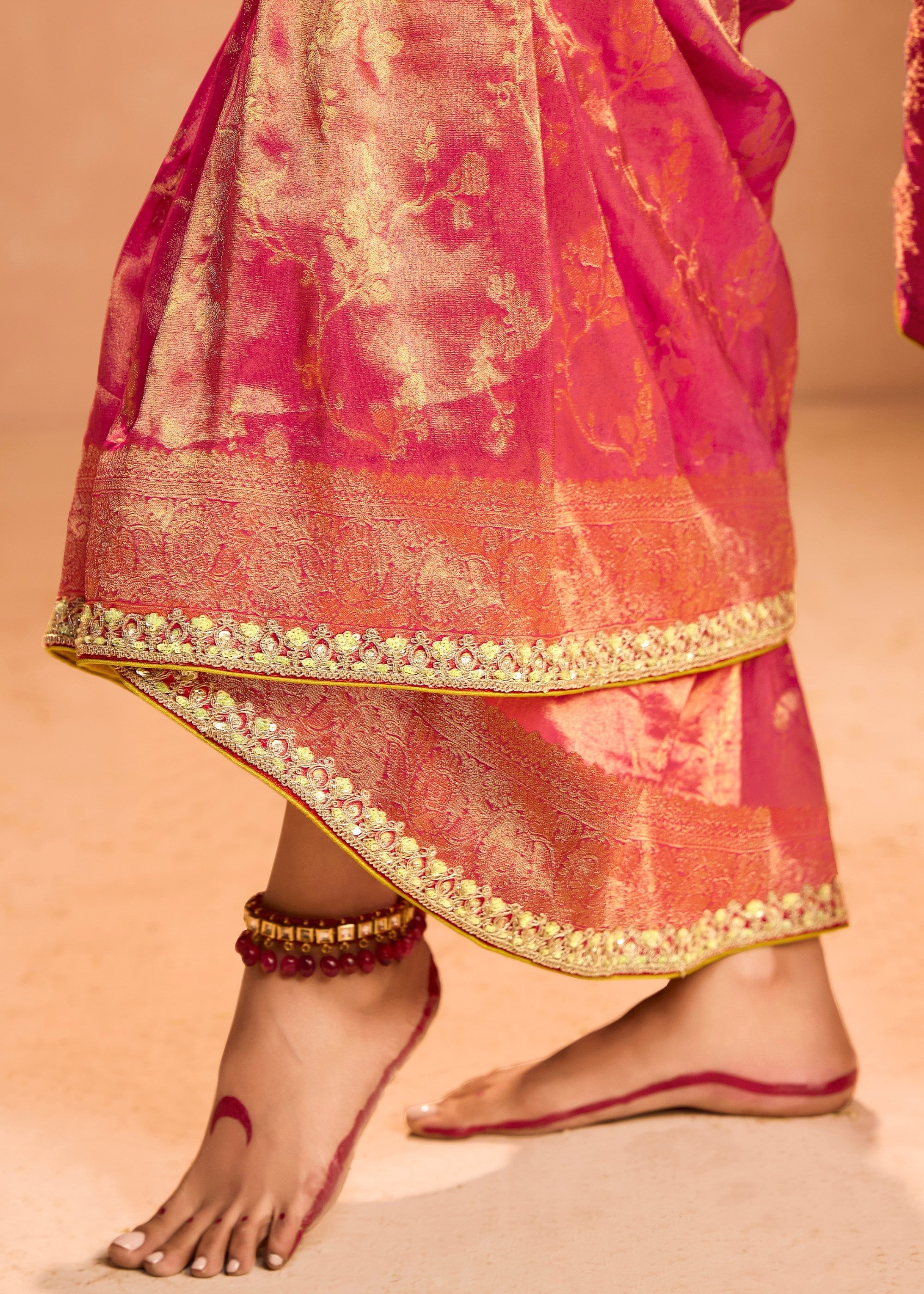 Rani Pink Zari Tissue Silk Saree With Weaving Work And Heavy Embroidery Lace - qivii