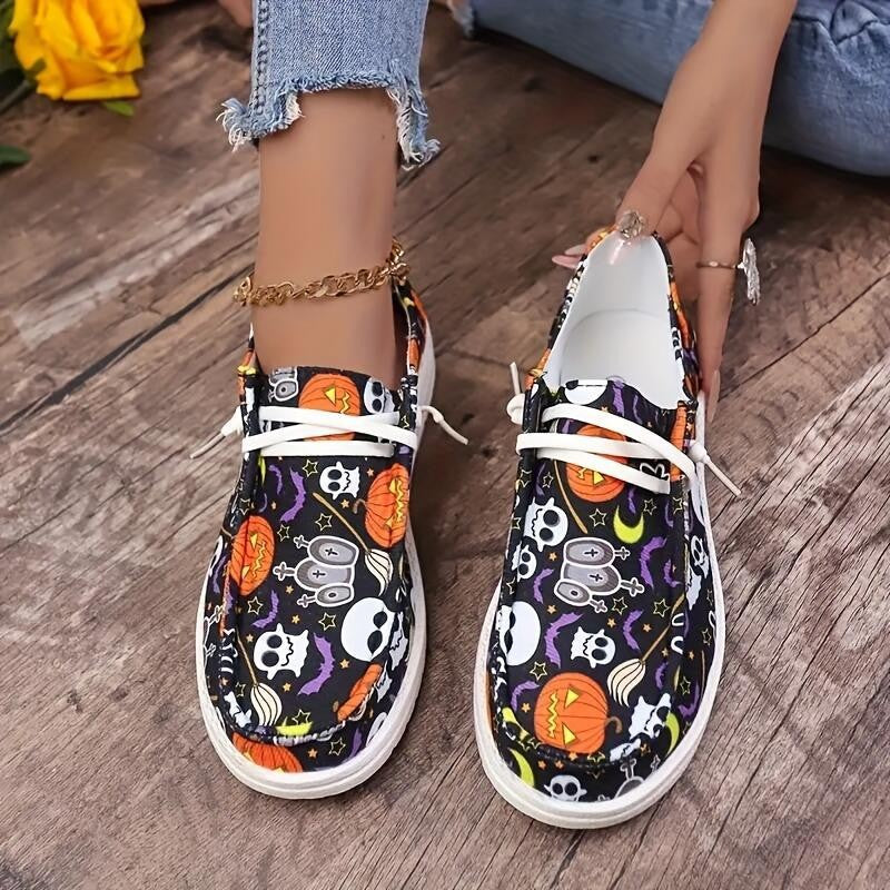 Women‘s Spooky Chic Canvas Sneakers - Halloween Pumpkin Skeleton Print Casual Shoes- US(5-9)