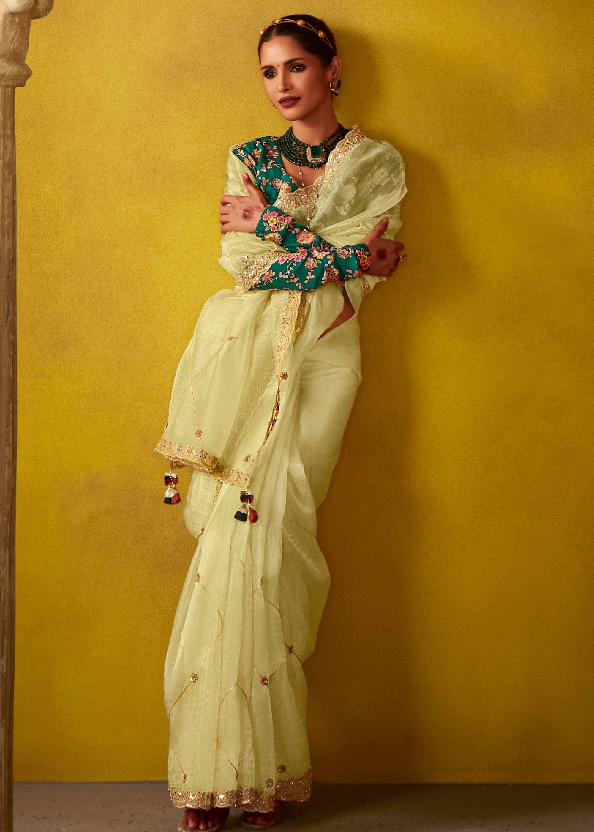 Lemon Yellow Glass Tissue Silk Saree With Sequins And Thread Embroidered Work - qivii