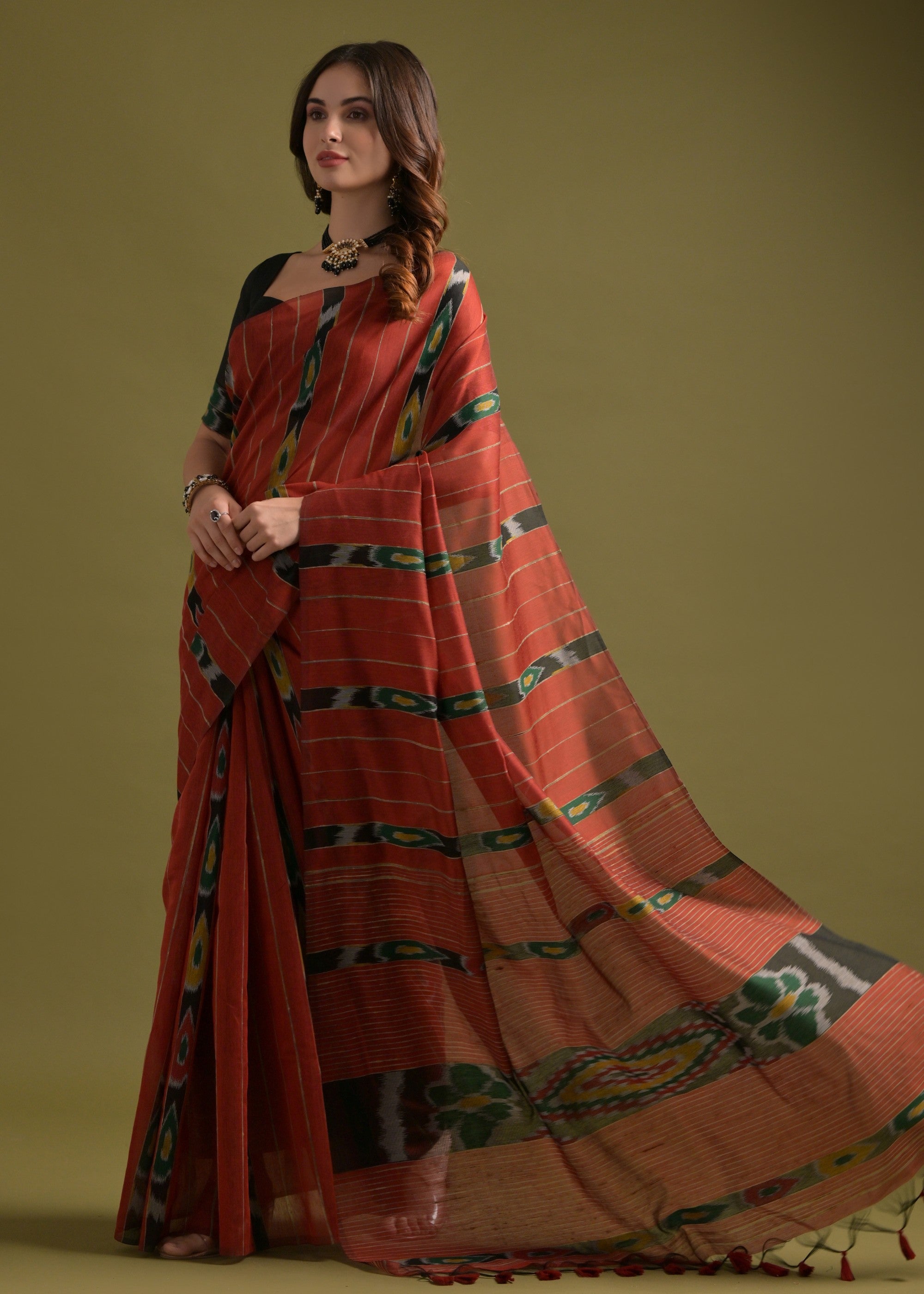 Vermilion Red Soft Ikkat Cotton Printed Saree - qivii