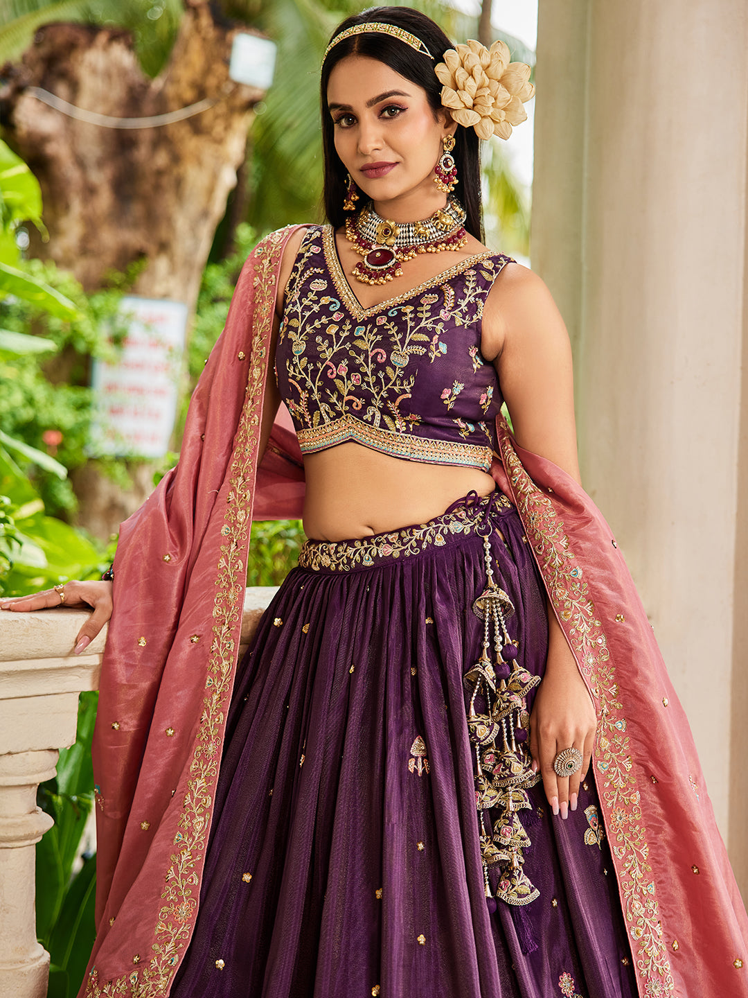 Burgundy - Satin Sequinse embroidery Semi-Stitched Lehenga choli & Dupatta