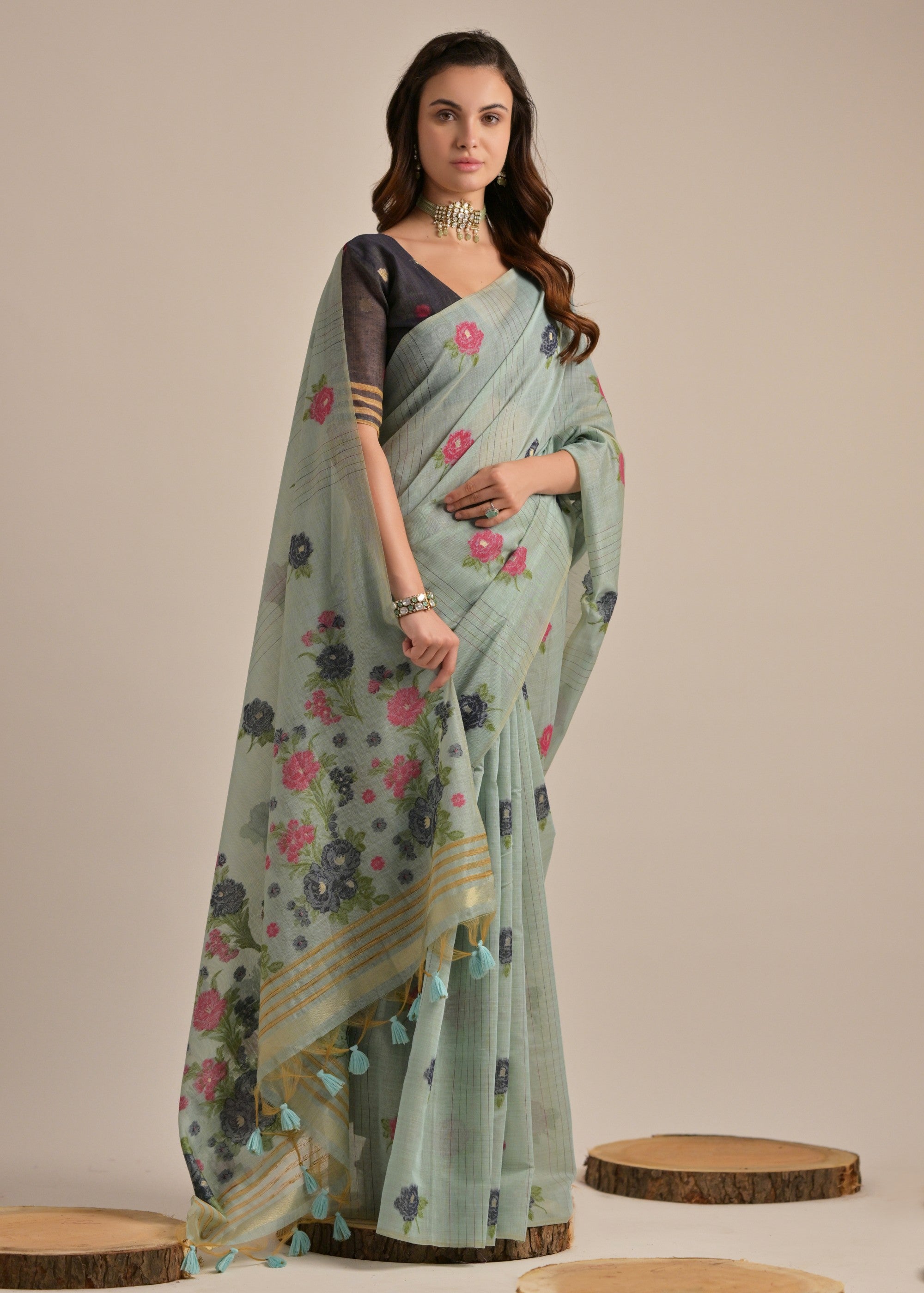 Cadet Blue Thread Woven Cotton Saree With Contrast Blouse - qivii